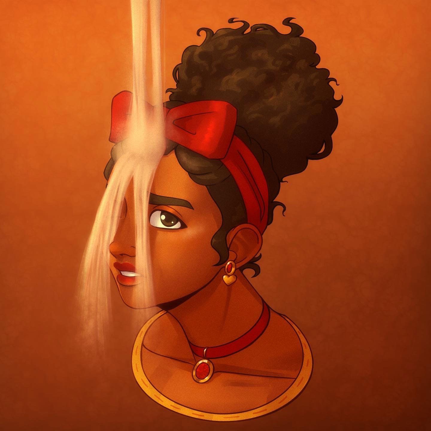 An illustration of a black woman with a red bow in her hair - Encanto