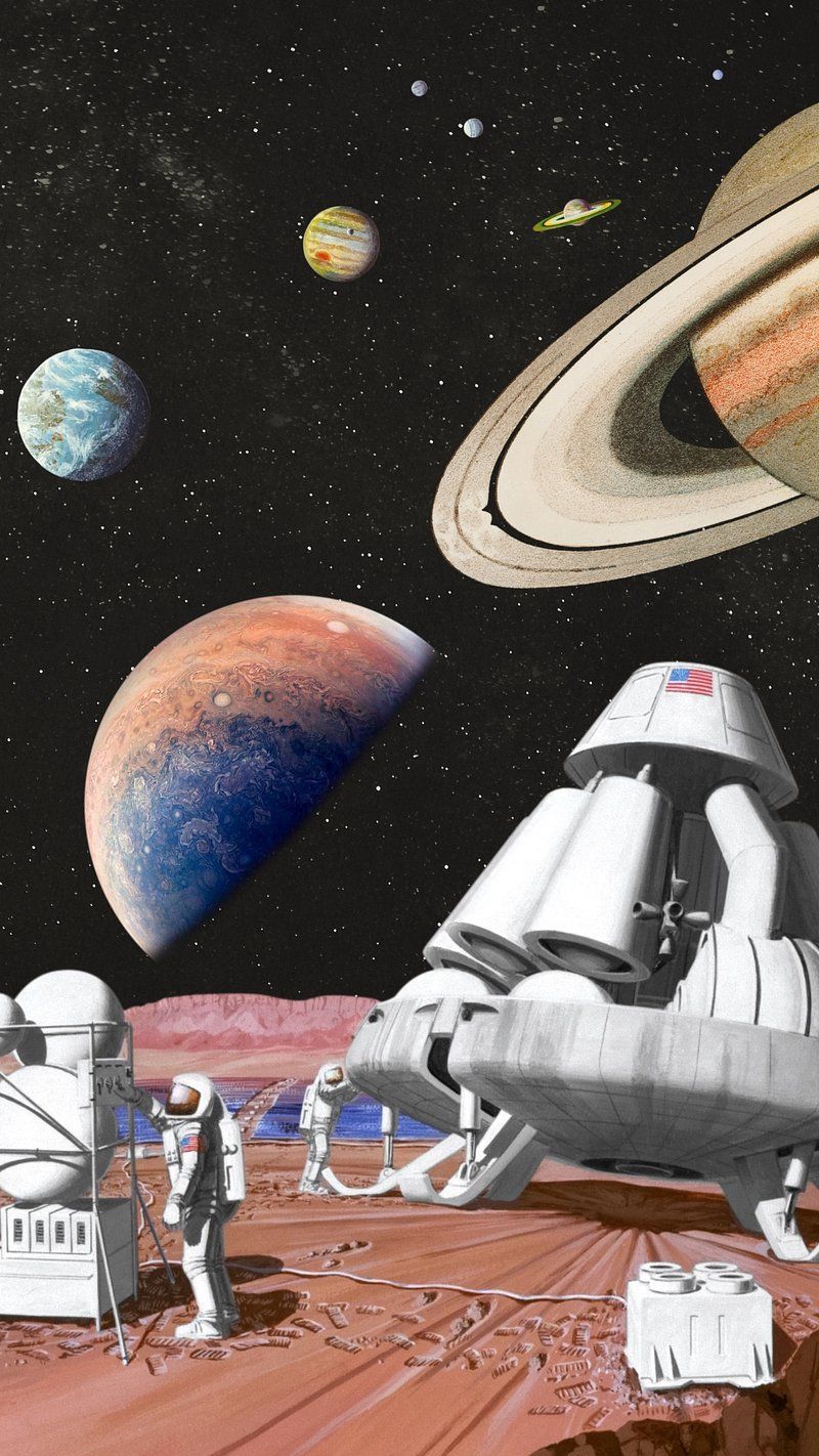 An illustration of an astronaut on Mars with a spaceship and the planets in the background. - Mars