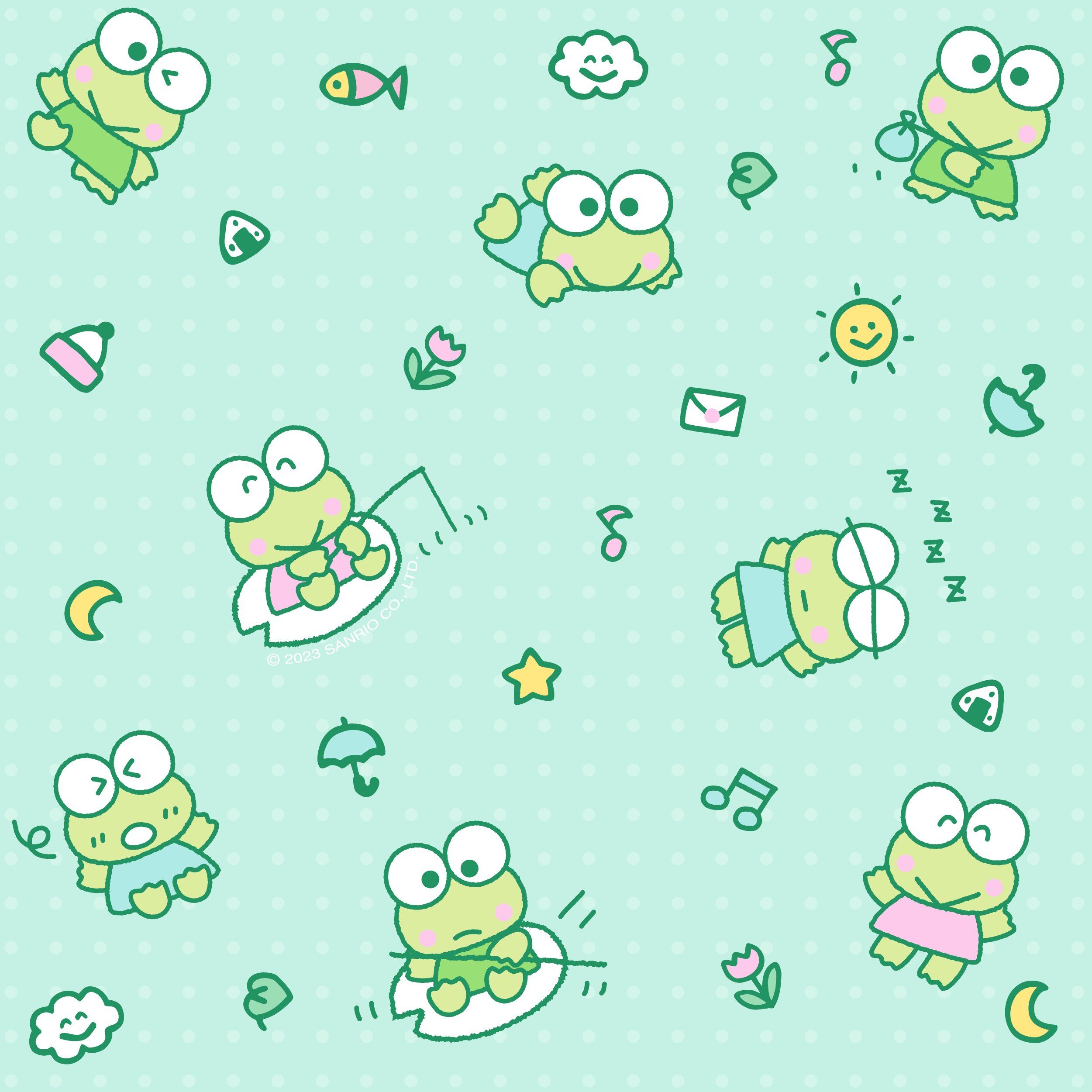 A green frog on a blue background - Keroppi