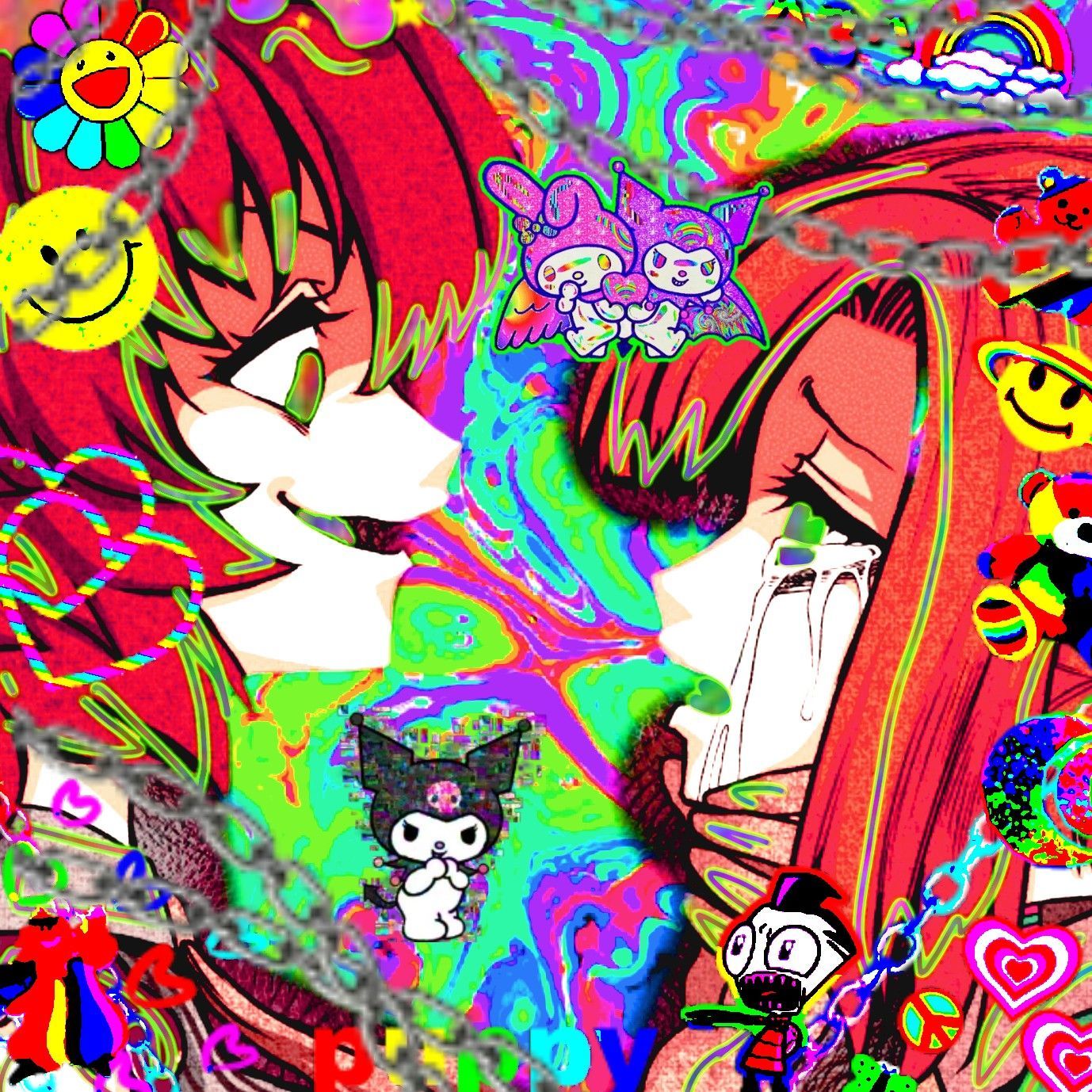 A colorful, trippy image of a girl with red hair and a cat on her shoulder. - Glitchcore