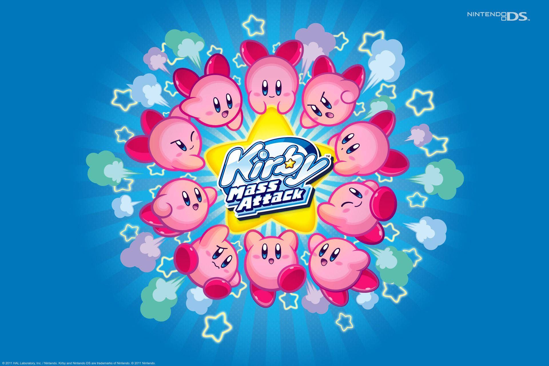 Kirby Mass Attack wallpaper with the pink character surrounded by pink copy ability allies - Nintendo