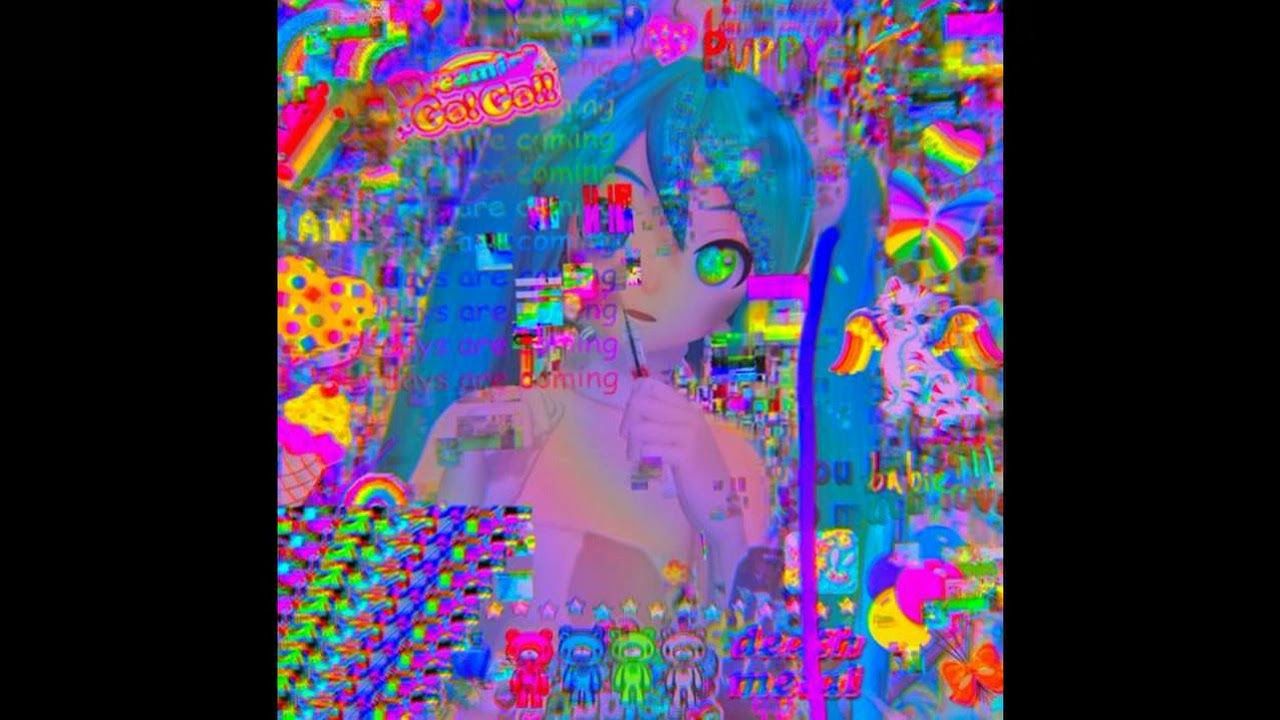 A digital artwork of a blue-haired anime character in a rainbow-colored digital landscape. - Glitchcore