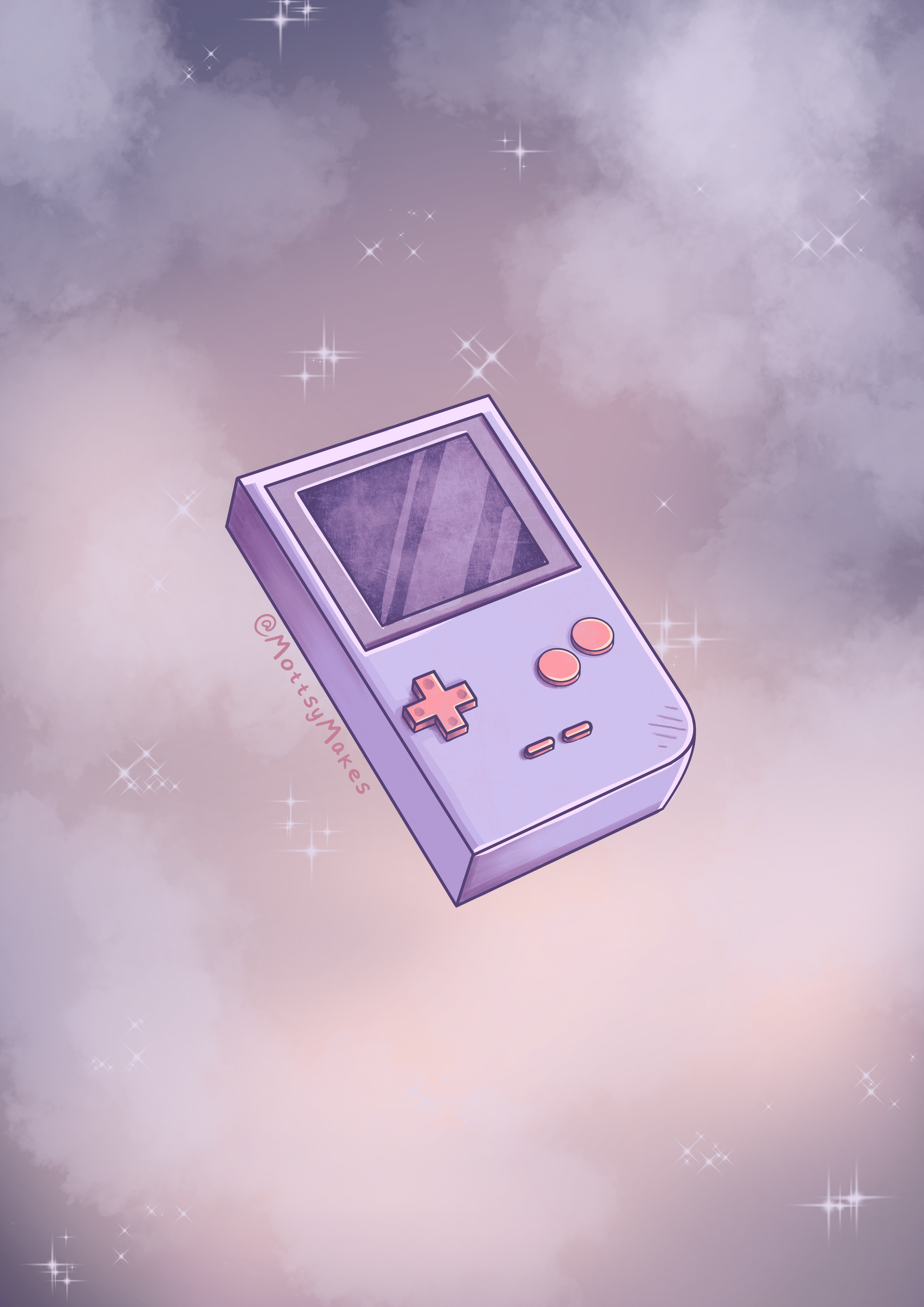 A purple Gameboy floating in a cloudy sky - Game Boy