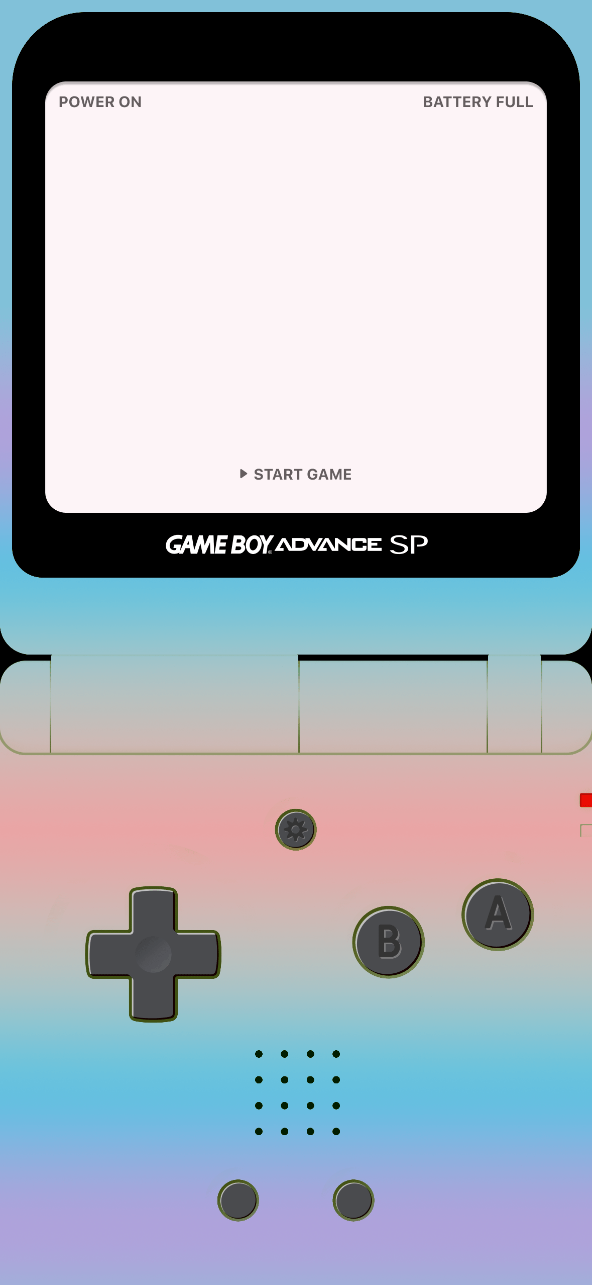 A mockup of a Game Boy Advance menu, with a power on battery full screen and a start game button. - Game Boy