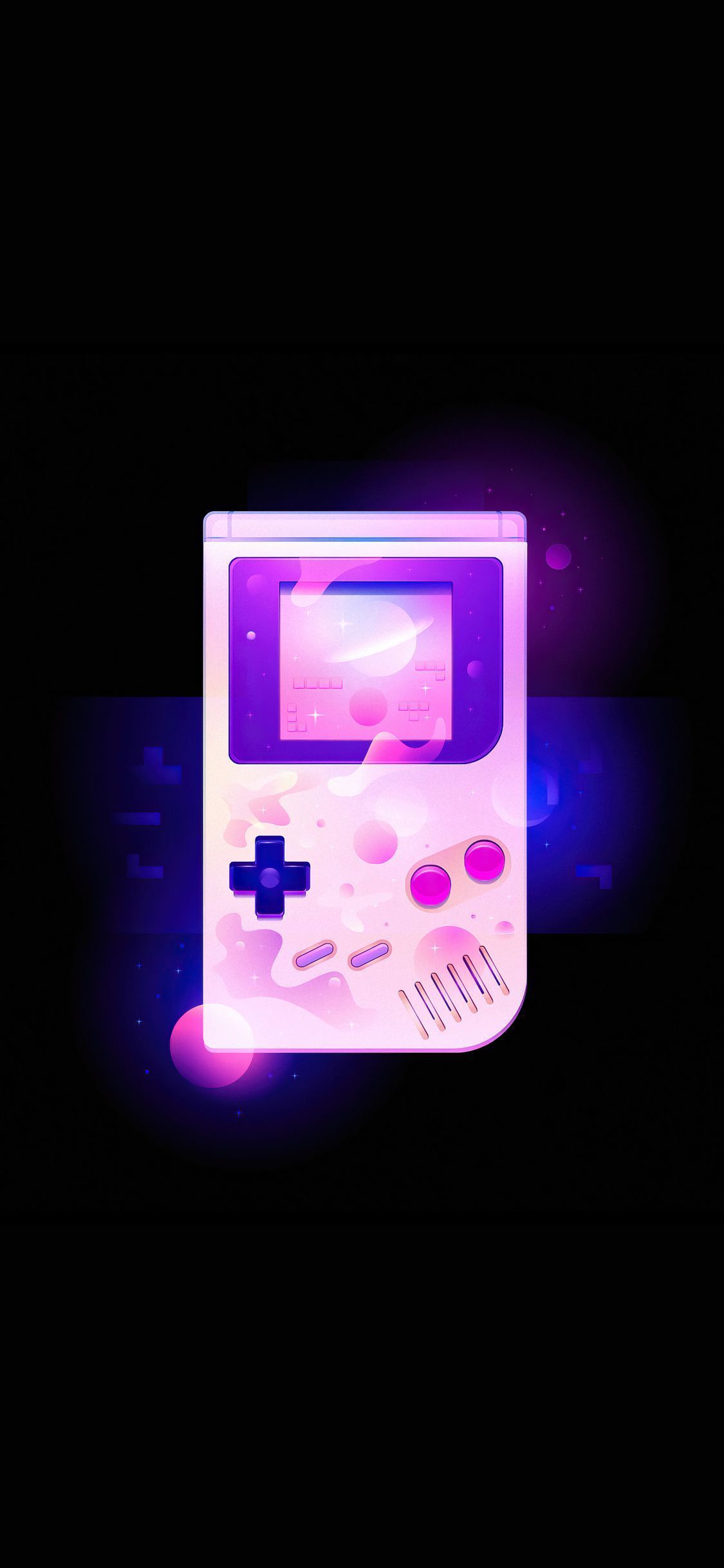 A purple and pink Gameboy on a black background - Game Boy