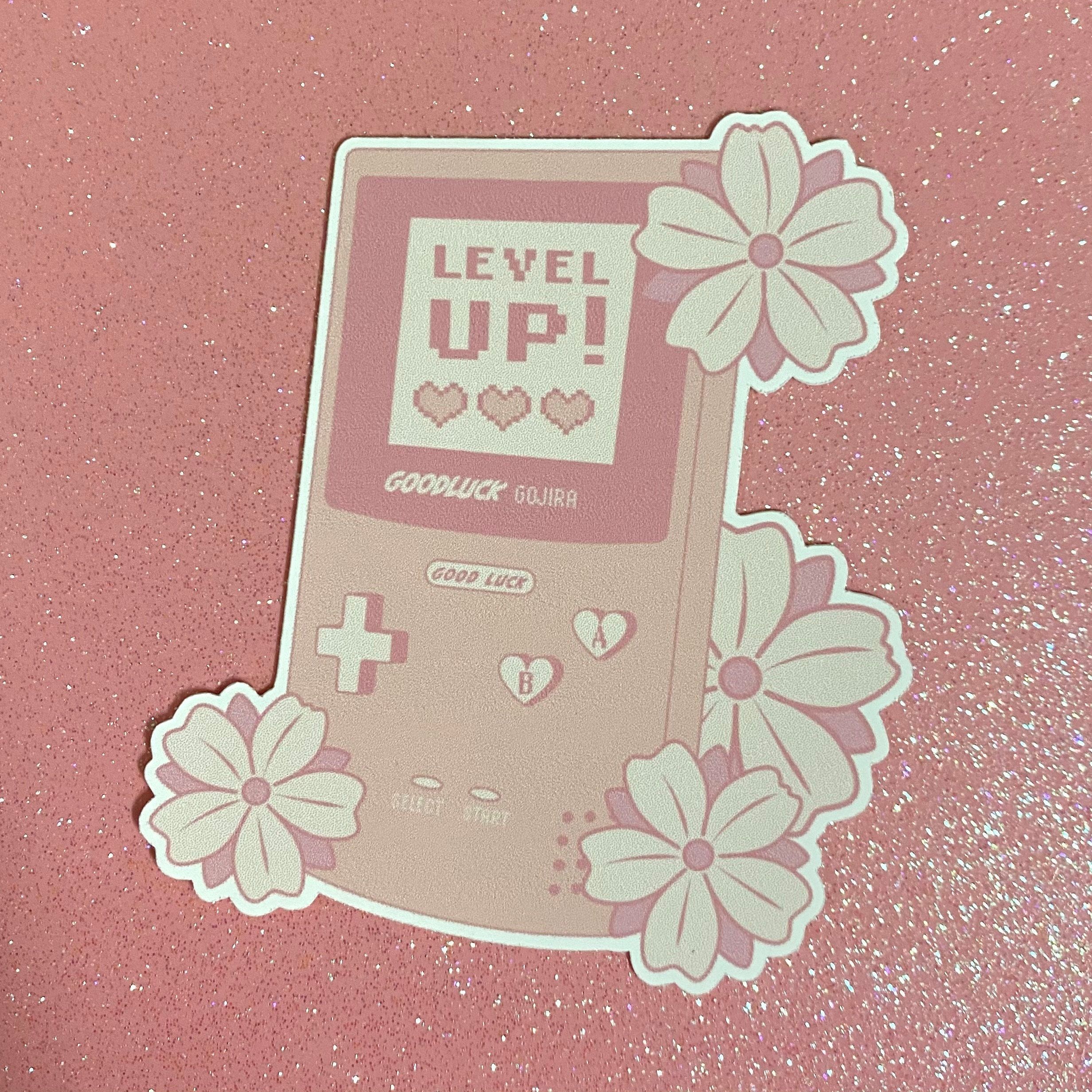 Sakura Cherry Blossom Level Up Good Luck Gameboy Pink Sticker