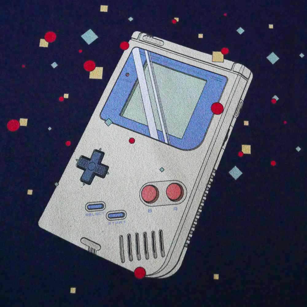An illustration of a Gameboy in front of a black background with red and blue dots - Game Boy