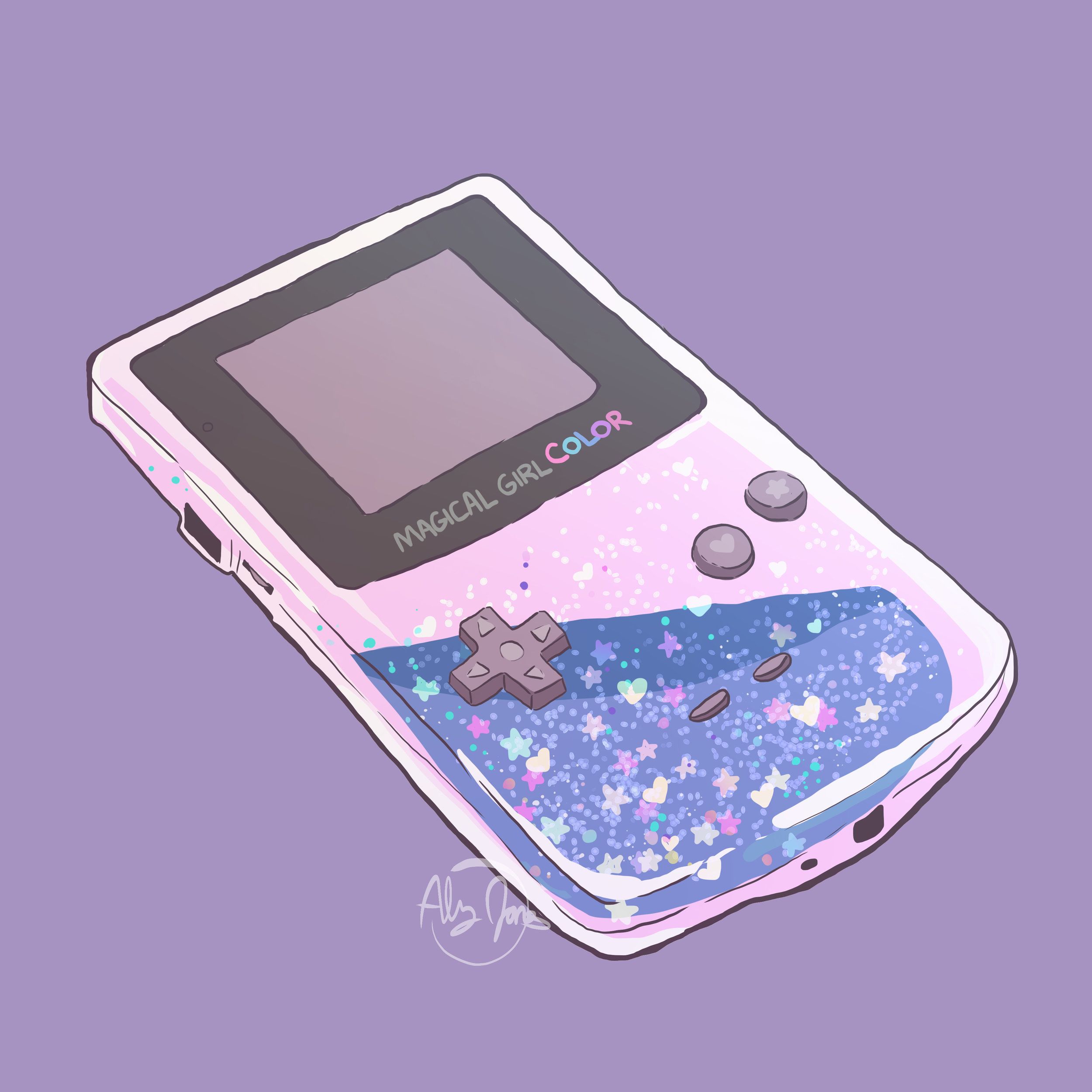 A digital illustration of a Gameboy with a pink and blue design and magical girl color text on the screen - Game Boy
