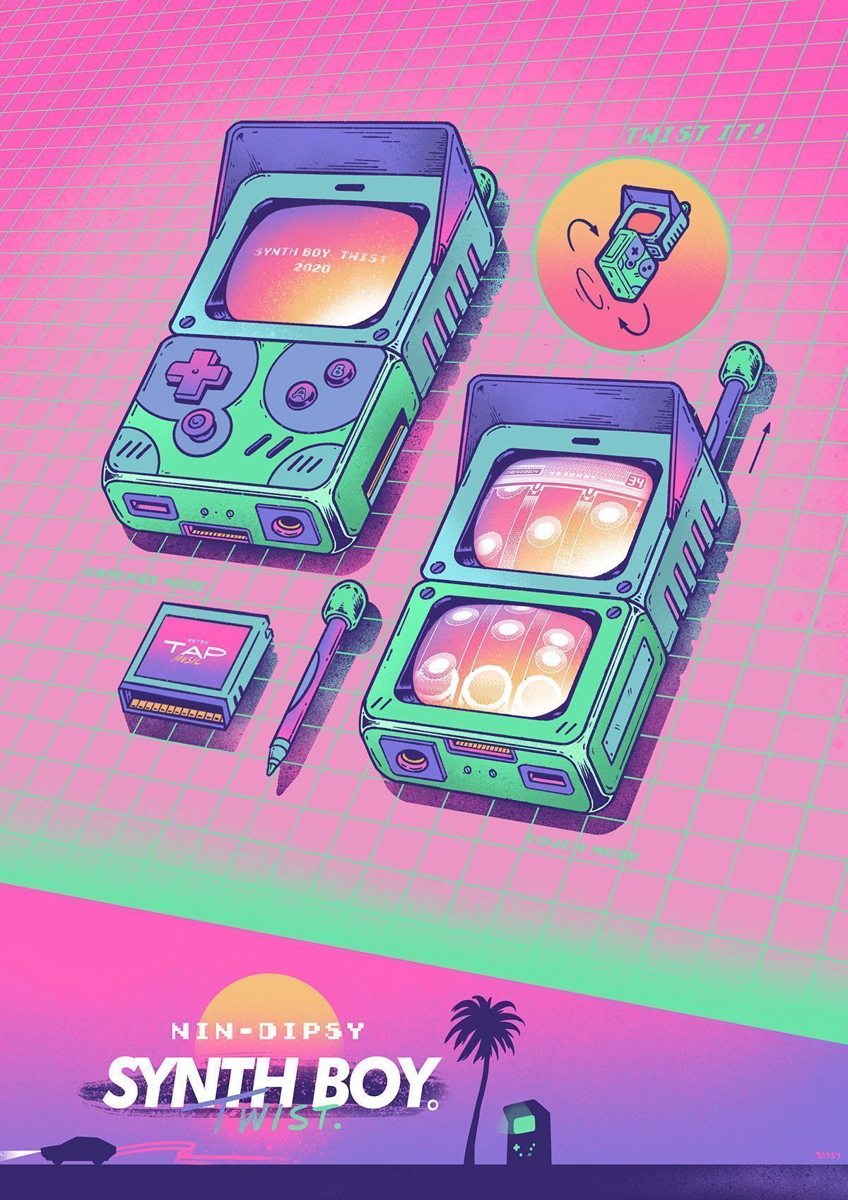 Synth Boy, a retro gaming device with a palm tree in the background - Game Boy