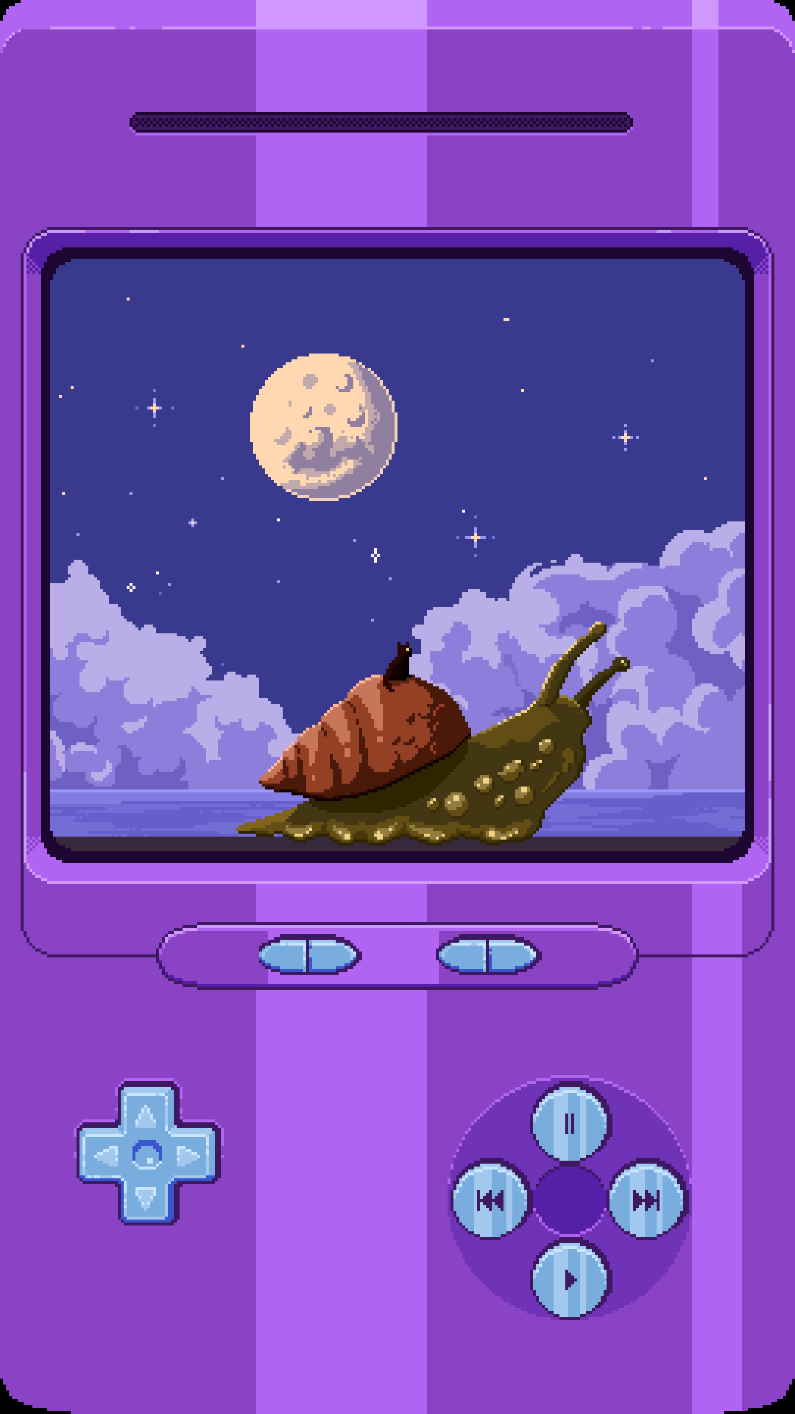 A purple handheld game console with a snail on the screen. - Game Boy