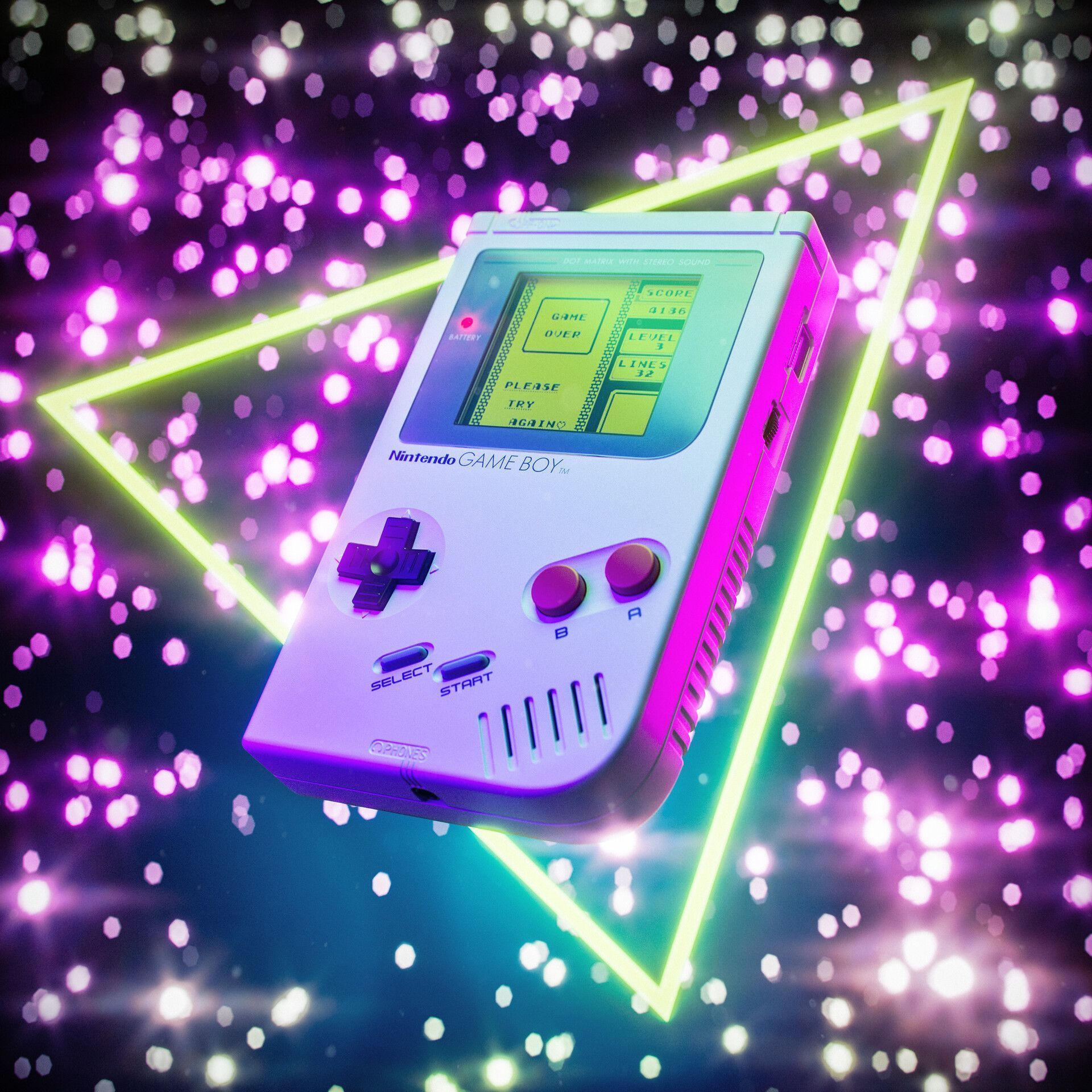 A Game Boy in a neon triangle, surrounded by neon lights - Game Boy