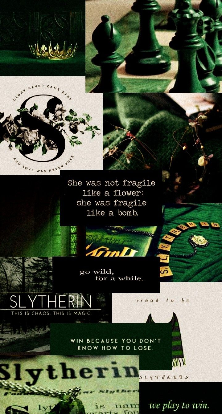 A collage of green and black images with the words Slytherin. - Slytherin