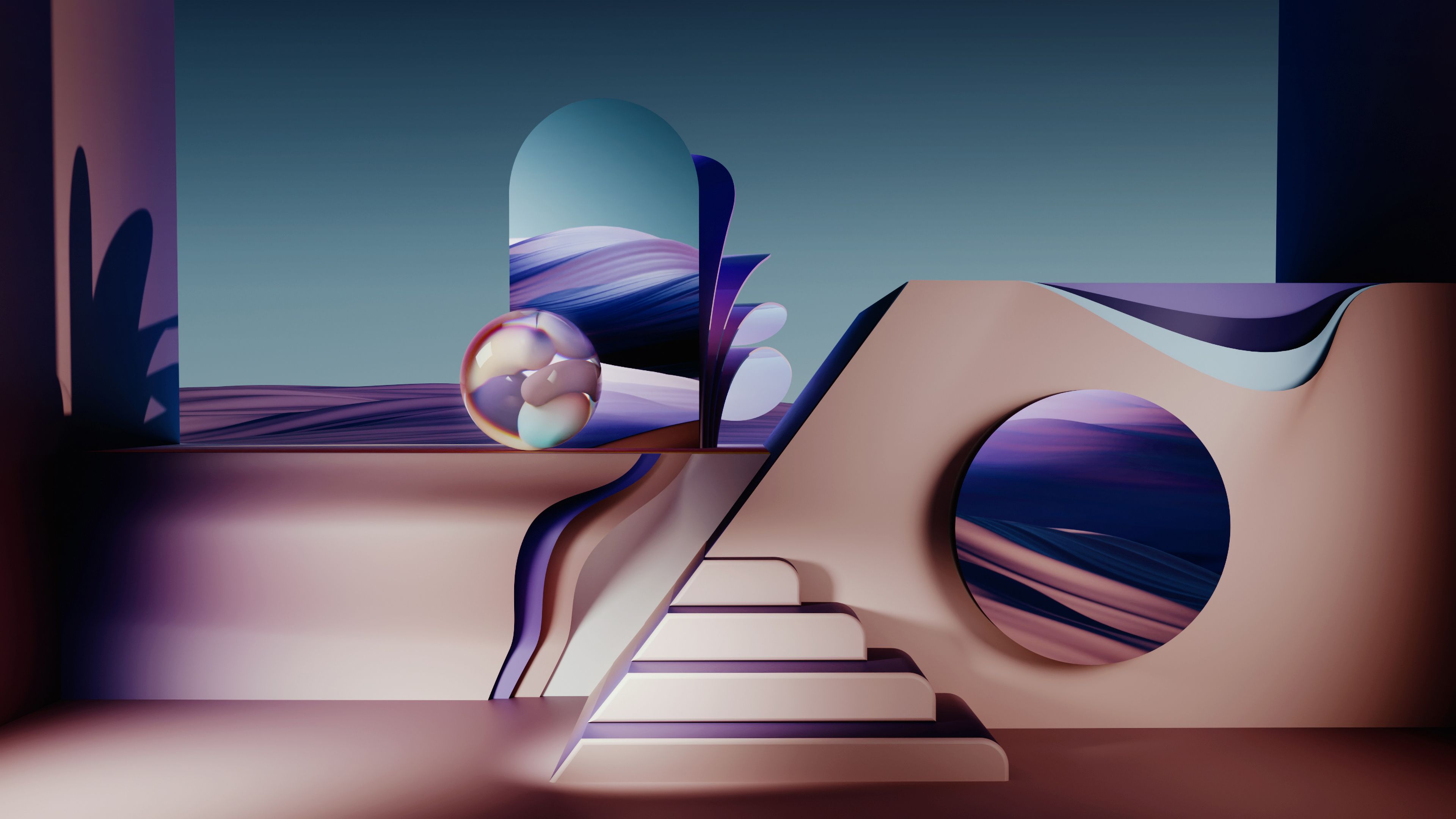 A surreal scene with abstract shapes and colors - 3D