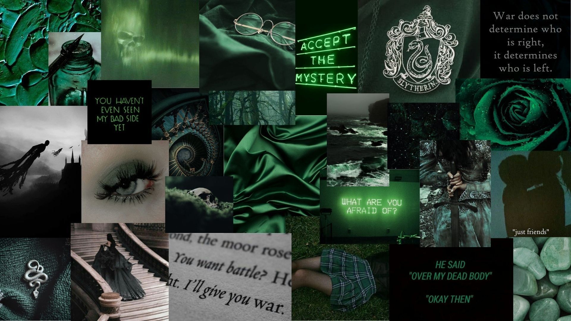 A collage of green and black aesthetic images - Slytherin
