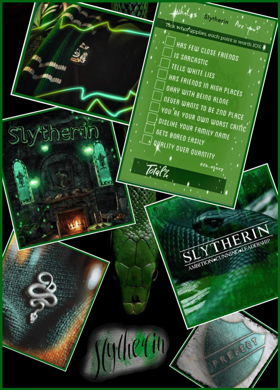 A collage of Slytherin house images, including a snake, a green and black background, and a checklist of qualities of the house. - Slytherin