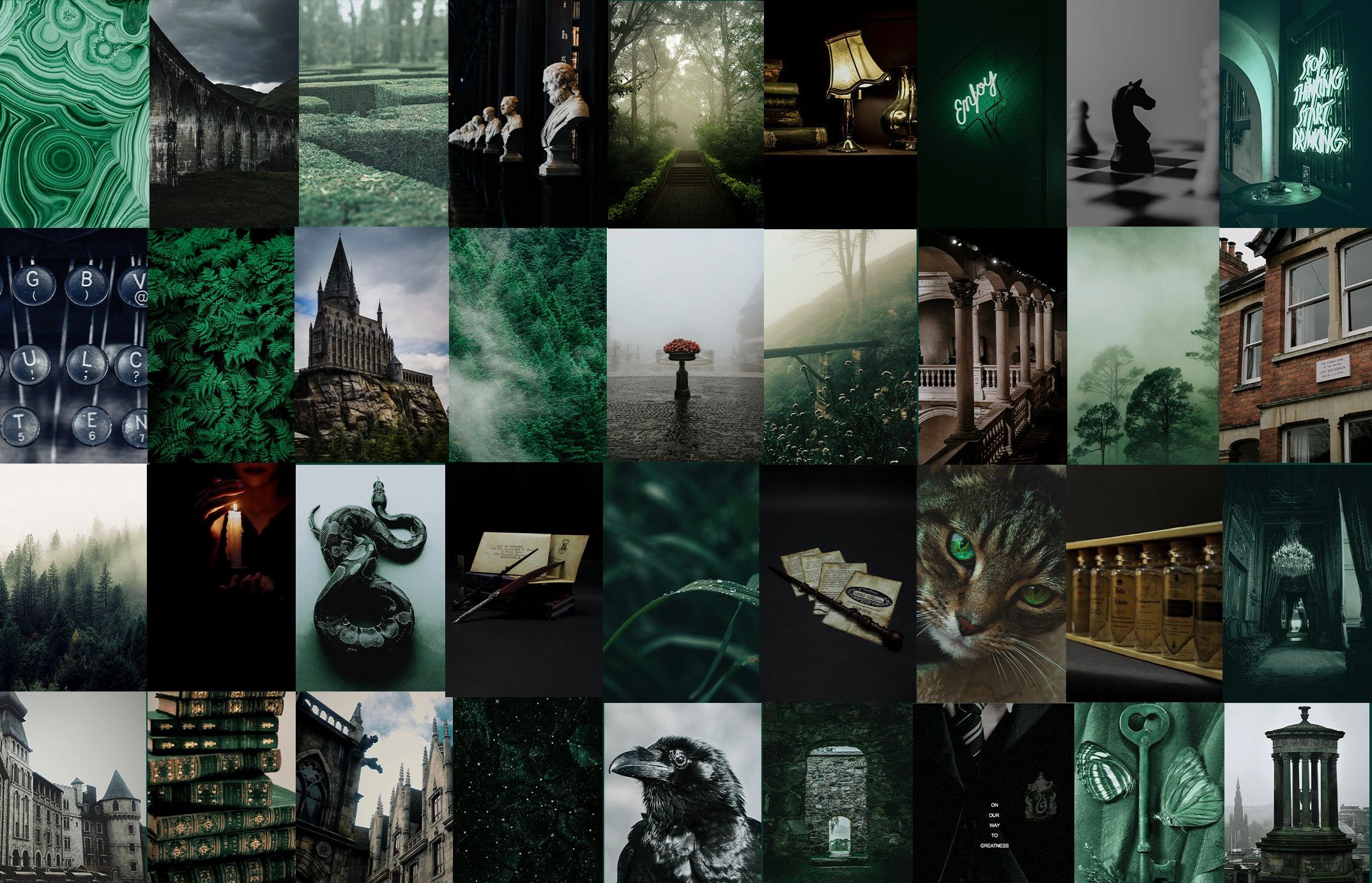A collage of 30 green and black aesthetic photos - Slytherin