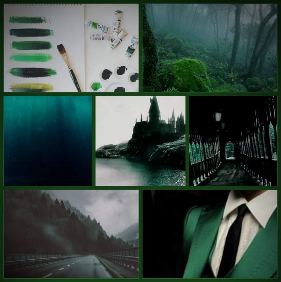A moodboard featuring a variety of green aesthetic images. - Slytherin