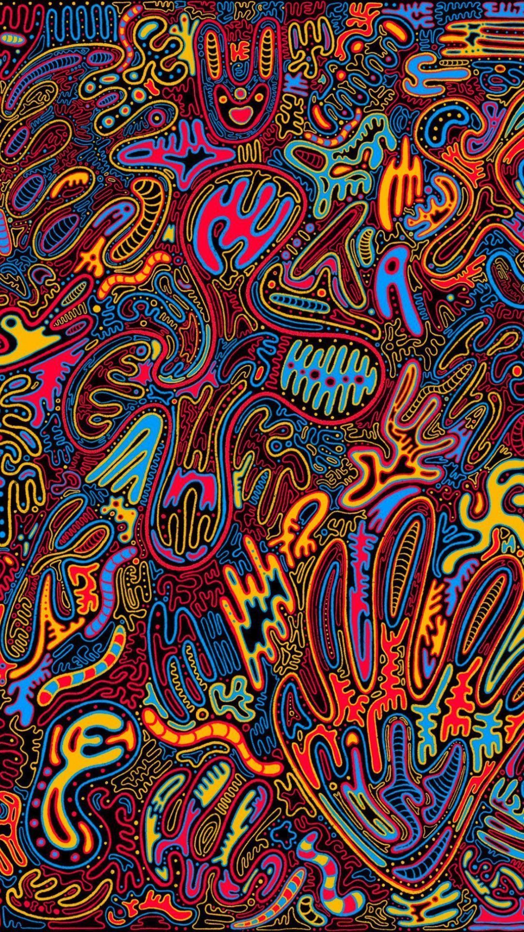 A pattern of bright, colorful squiggles and shapes on a black background. - Psychedelic