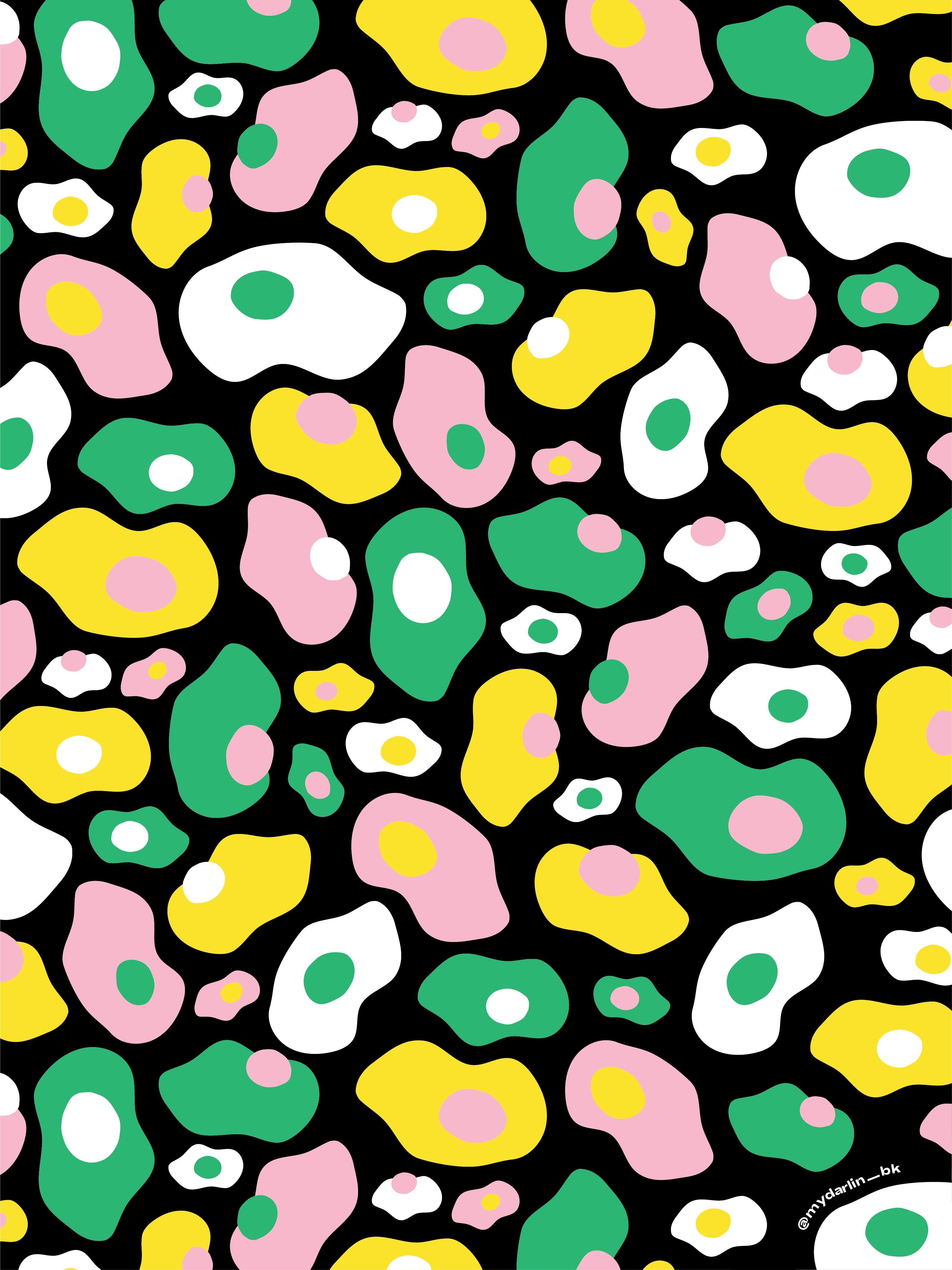 A black wallpaper with green, yellow and pink fried eggs - Psychedelic