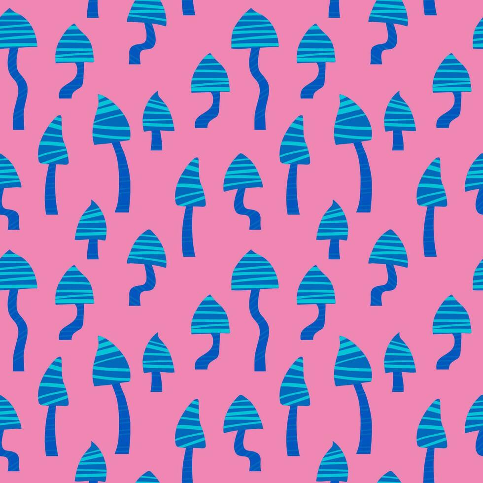 Seamless pattern with blue mushrooms on a pink background. vector - Psychedelic