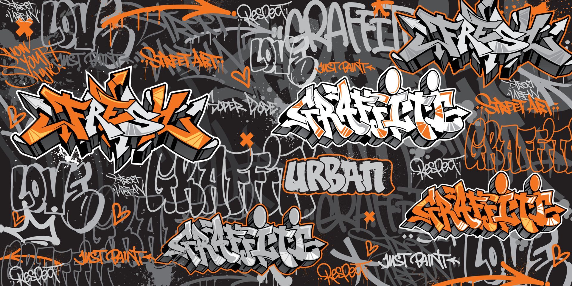 Graffiti wallpaper with various styles of graffiti on a black background - Graffiti