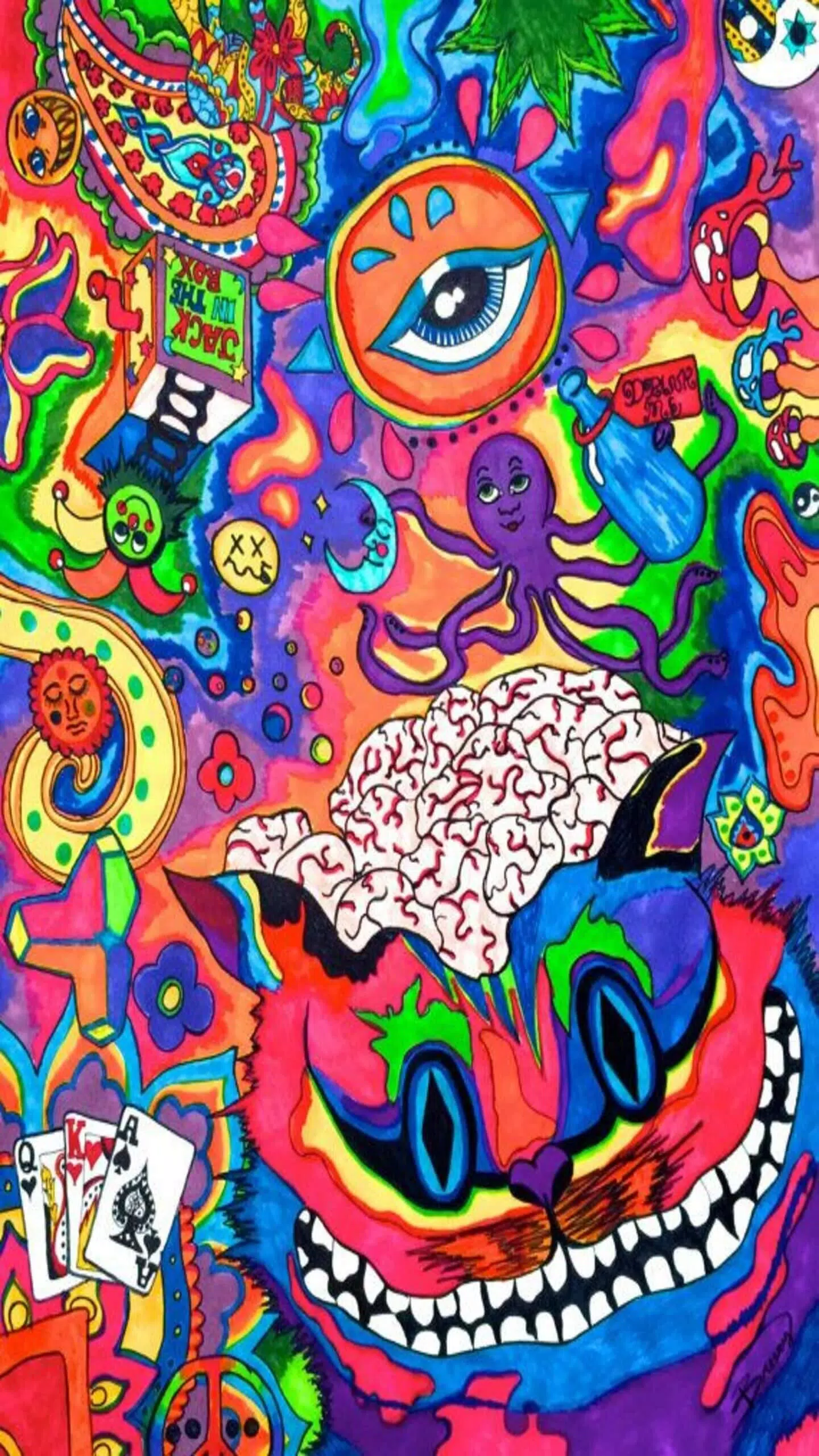 A colorful painting of a cat with a brain - Psychedelic