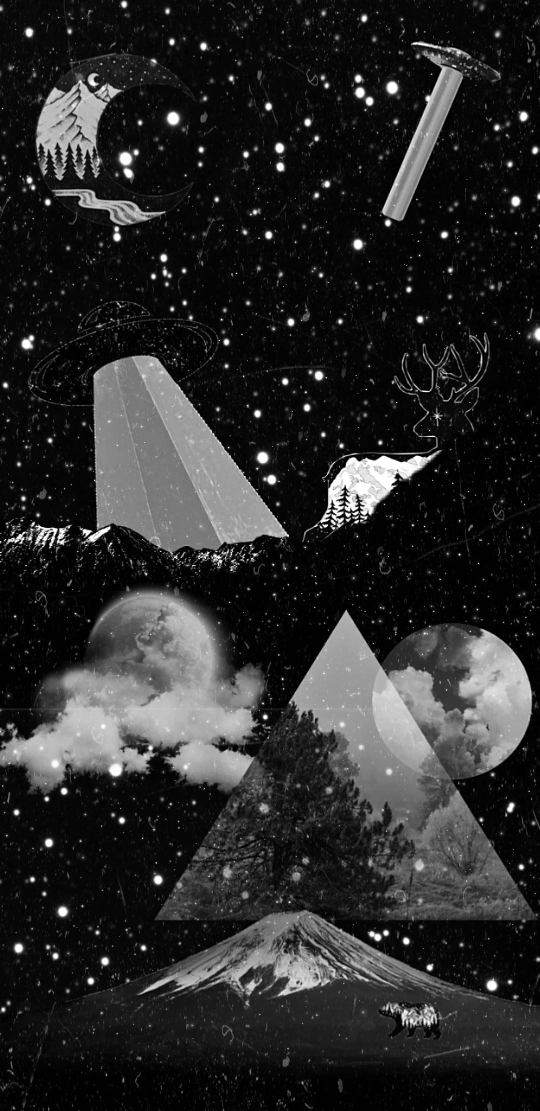 Aesthetic wallpaper with black background and white drawings of trees, mountains, clouds, and stars - Psychedelic, dark
