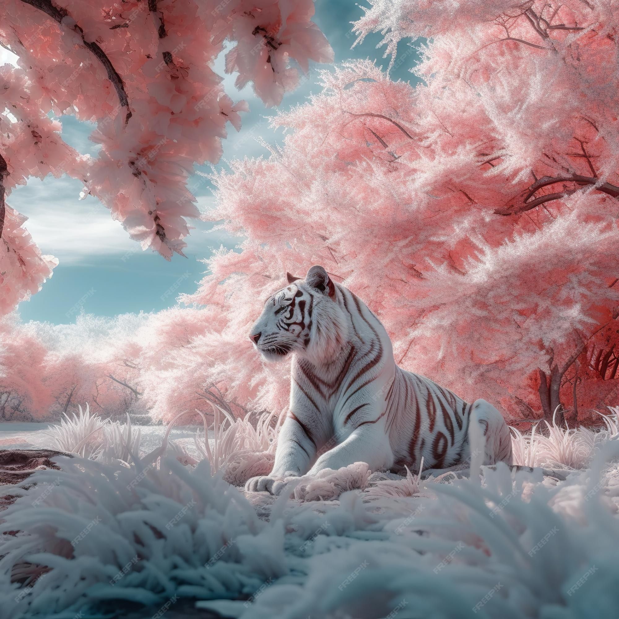 Premium Photo. A white tiger against the backdrop of a beautiful sakura garden