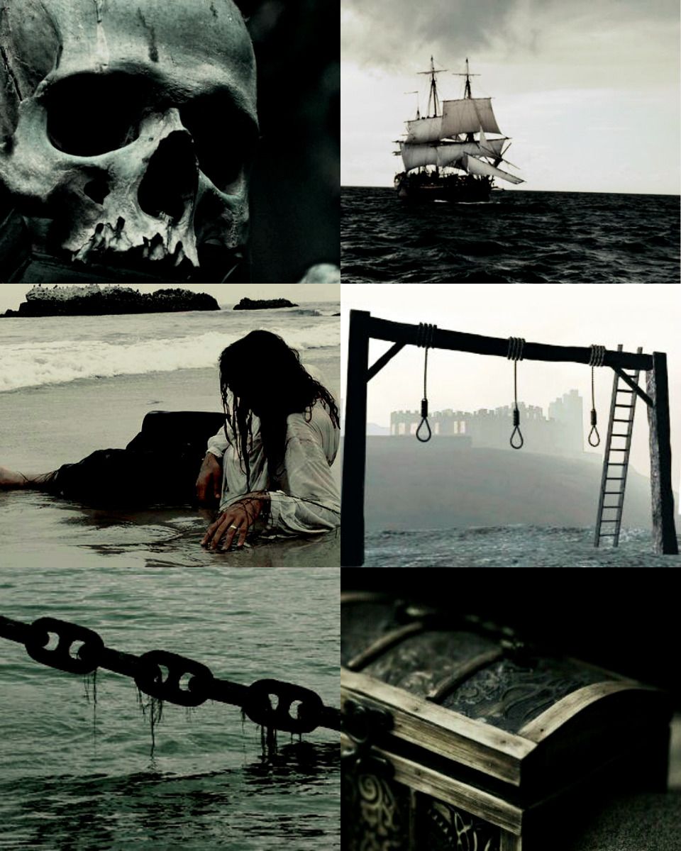A collage of images related to the Pirates of the Caribbean series. - Pirate