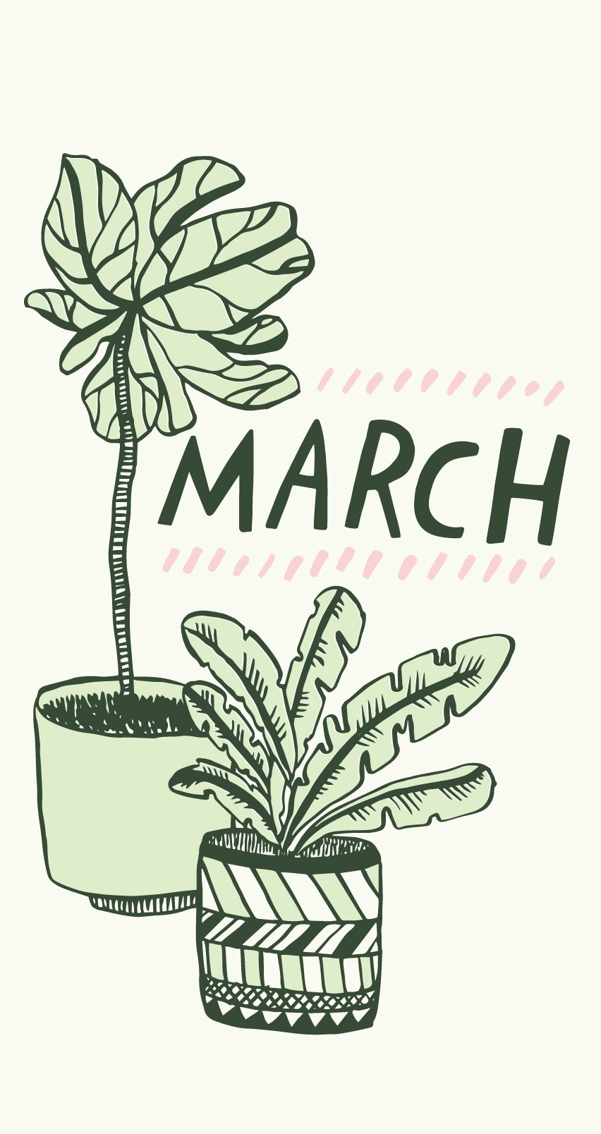 Illustration of two potted plants with the word March. - March