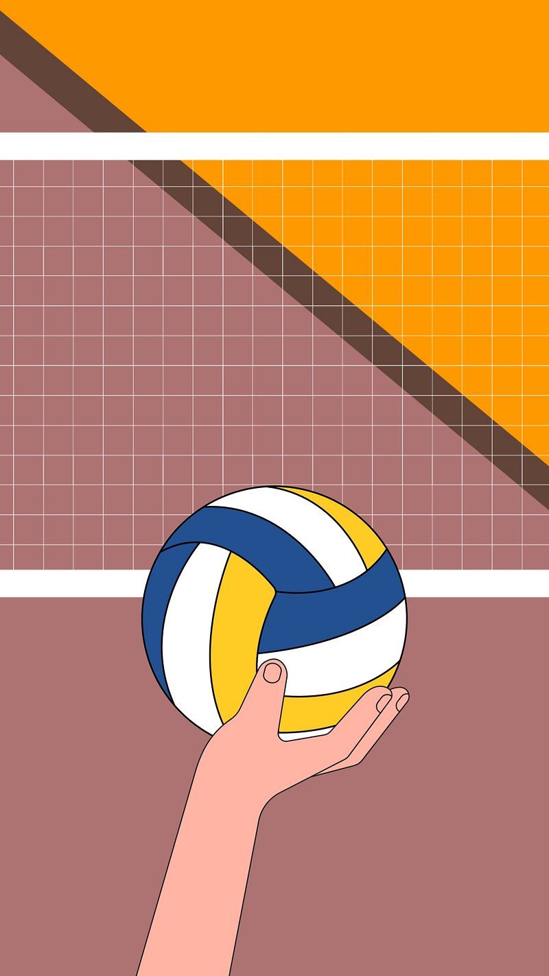 A hand holding a volleyball in front of a volleyball net. - Volleyball