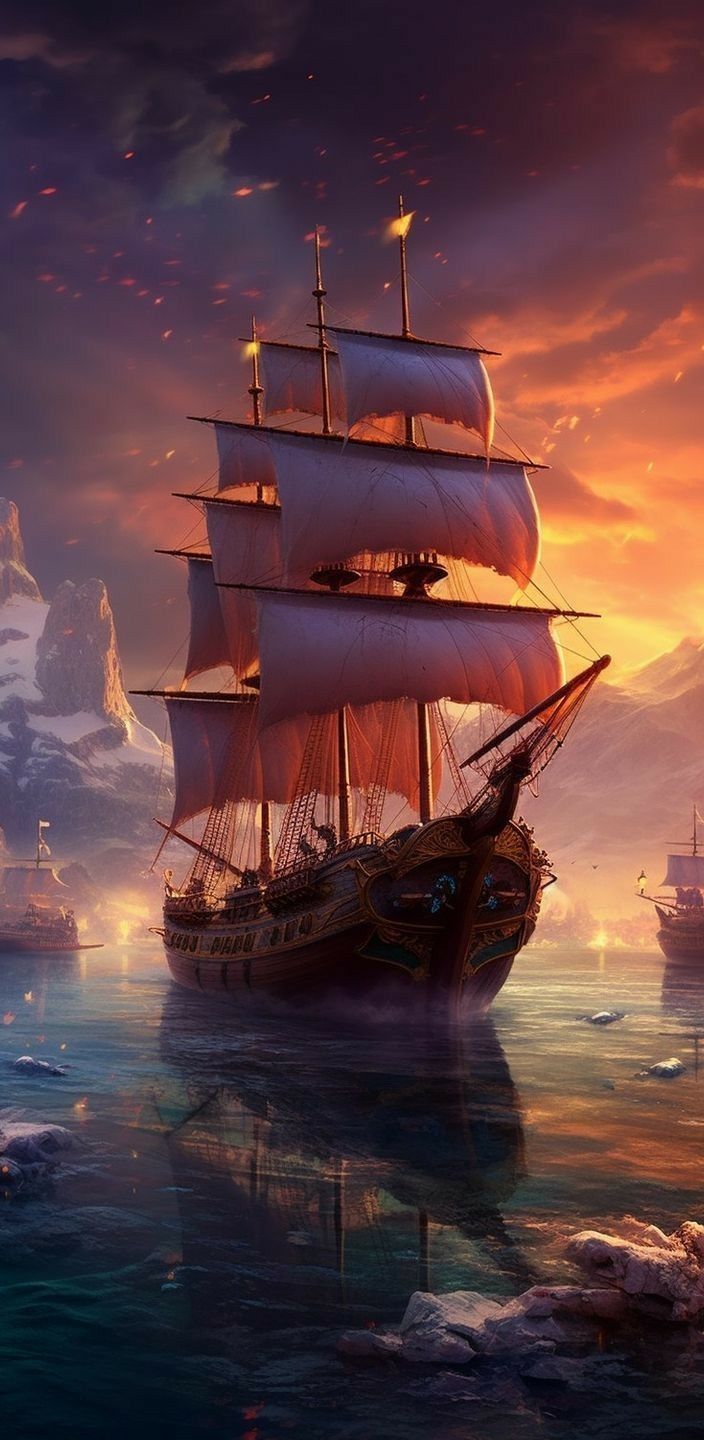 A ship sailing in the ocean during sunset - Pirate