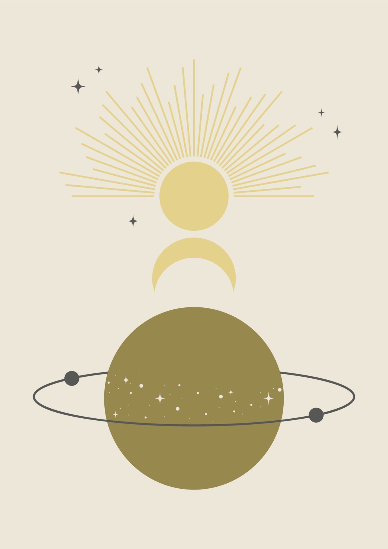 Vector illustration poster of astrology mystic background. Outer space and planets. Saturn with satellite printed wall art. Tarot card universe vector illustration