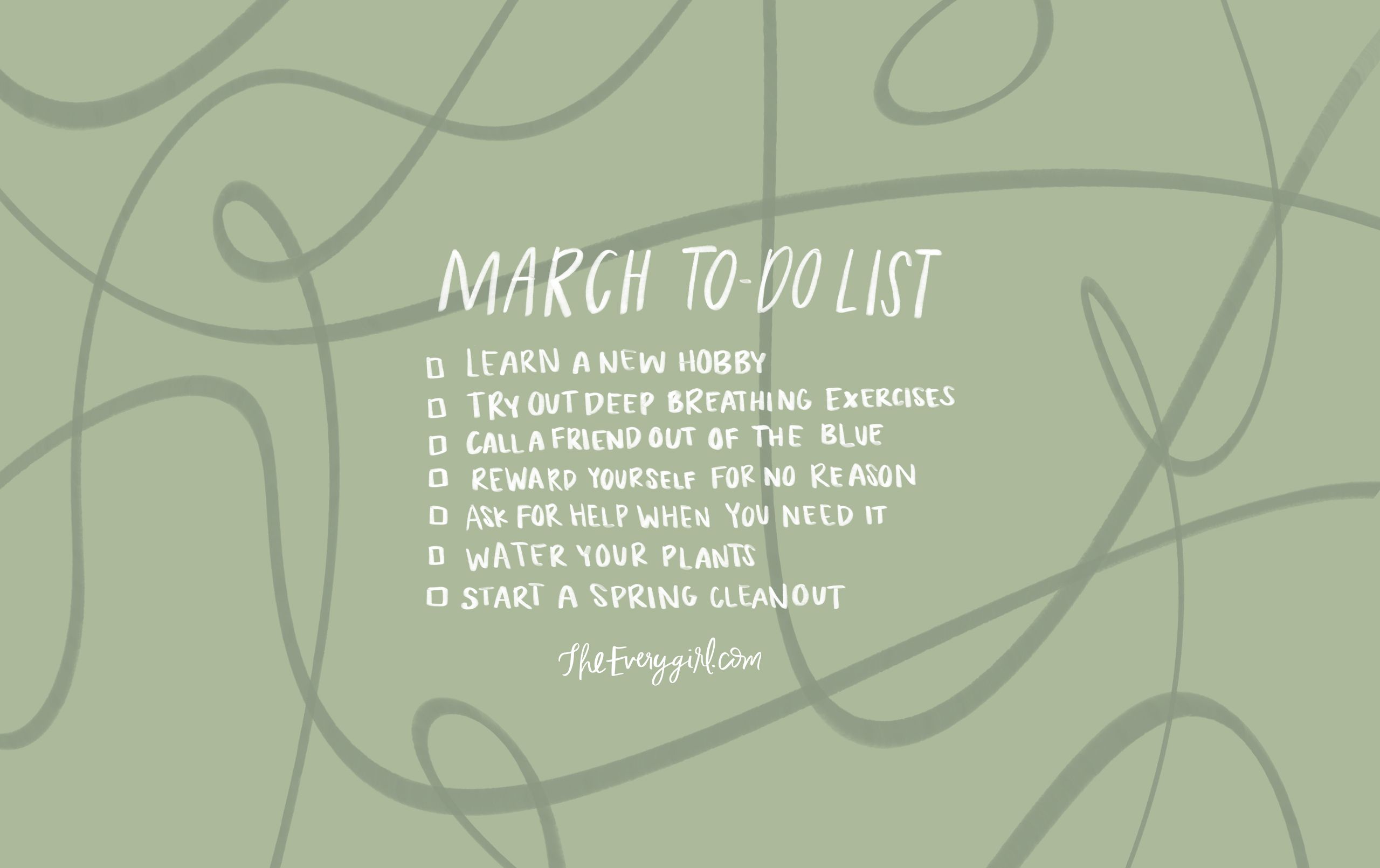 A light green background with a list of things to do on it. - March