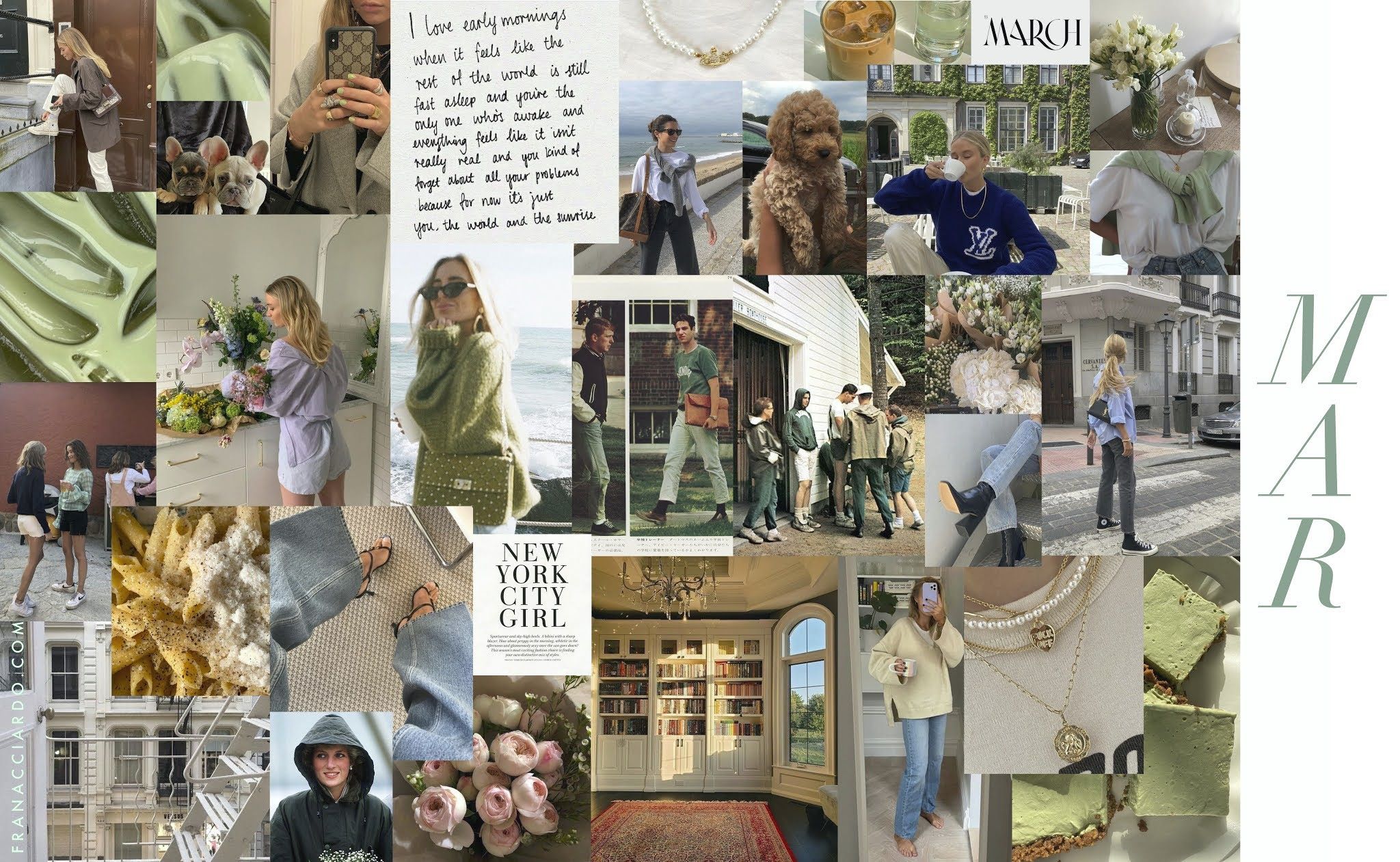 A collage of photos of a woman and her dog, fashion items, and a home. - March