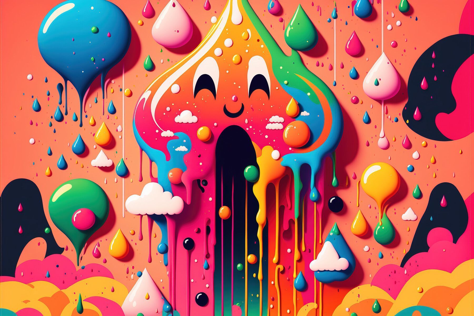 Colorful cartoon house with a face and raindrops - Psychedelic