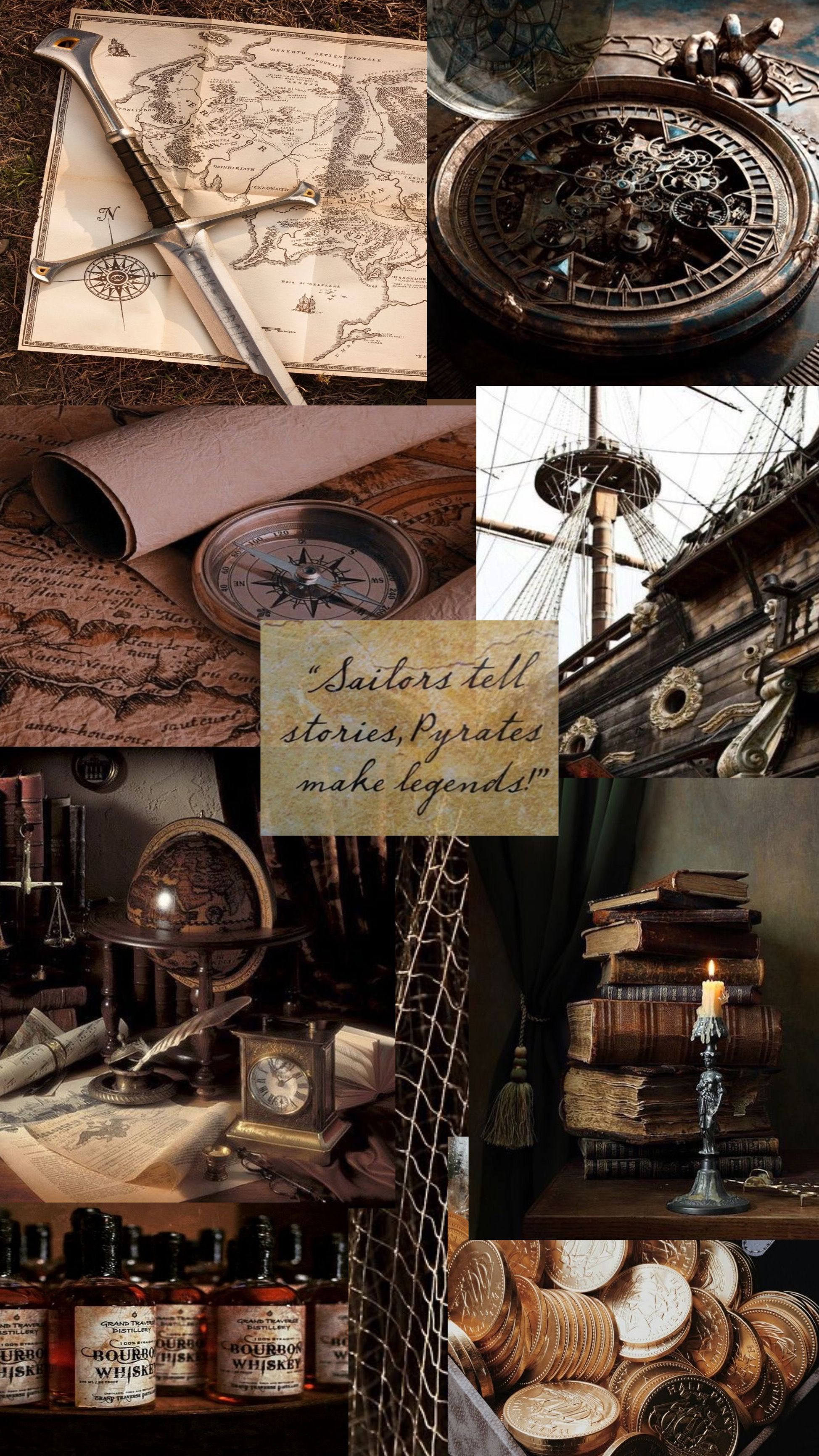 Aesthetic collage of pirate items such as a map, compass, and books - Pirate