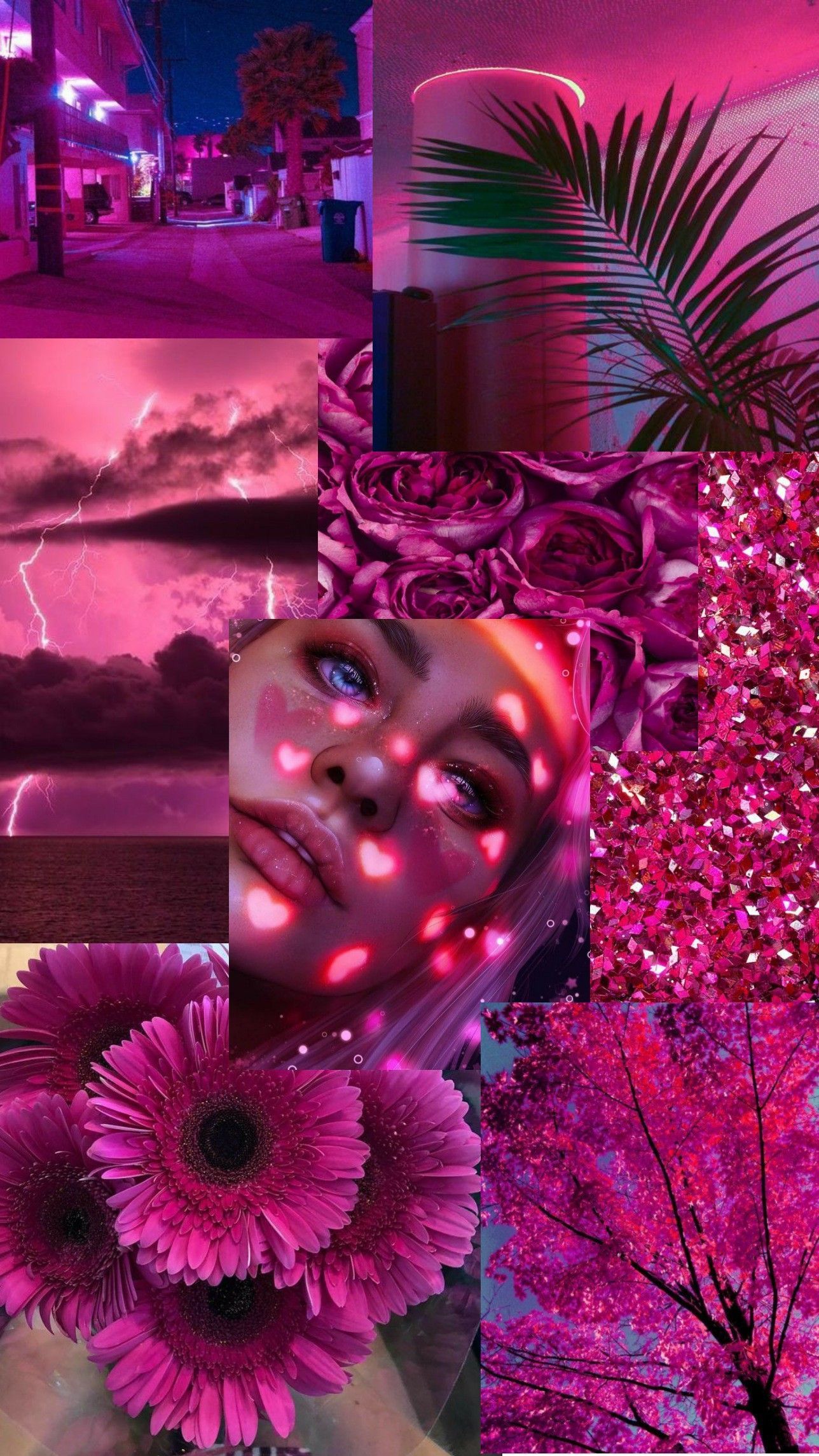 Aesthetic pink collage background with a girl, flowers, palm tree, lightning, and cherry blossoms - Magenta