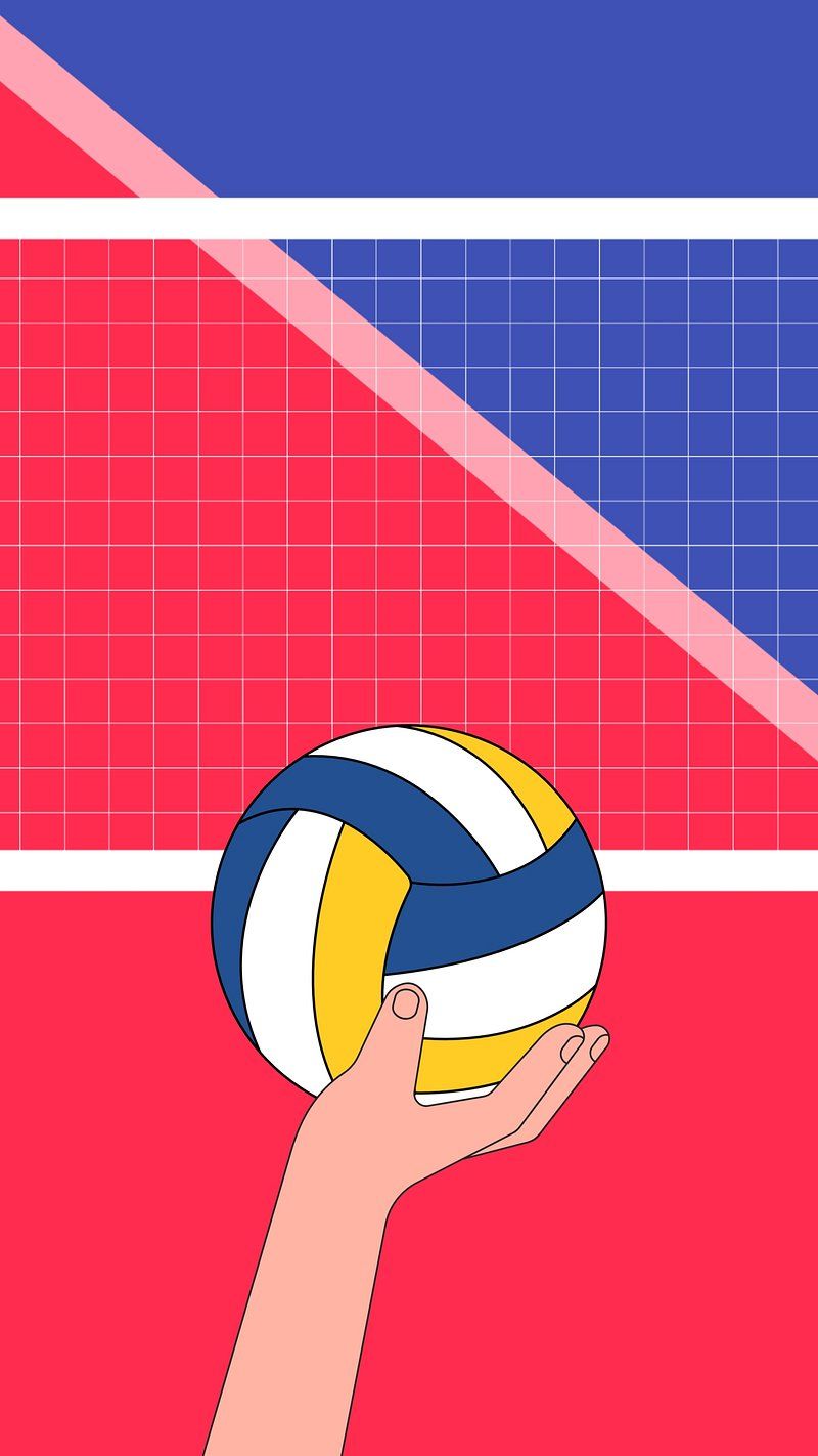 Illustration of a volleyball being held in front of a volleyball net. - Volleyball