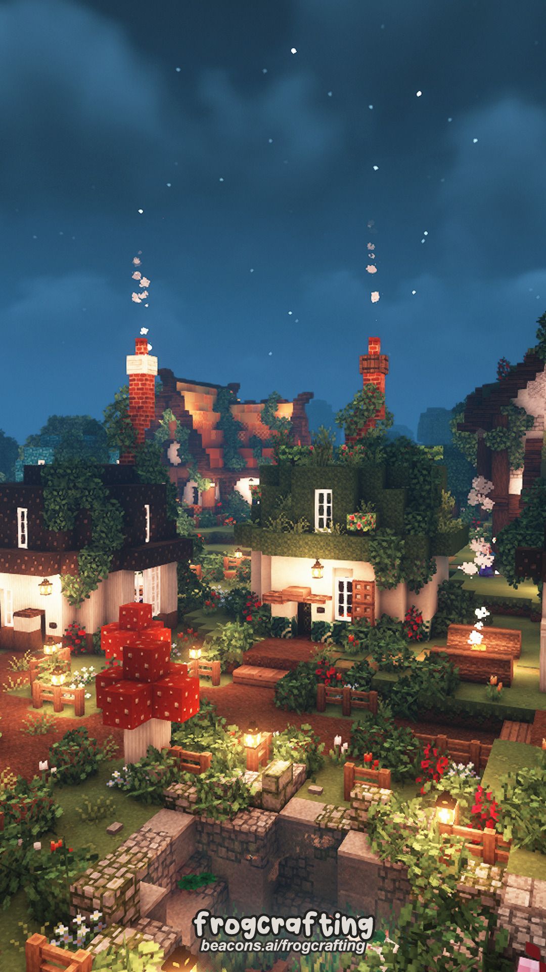 A cozy Minecraft village at night with the lights on - Minecraft