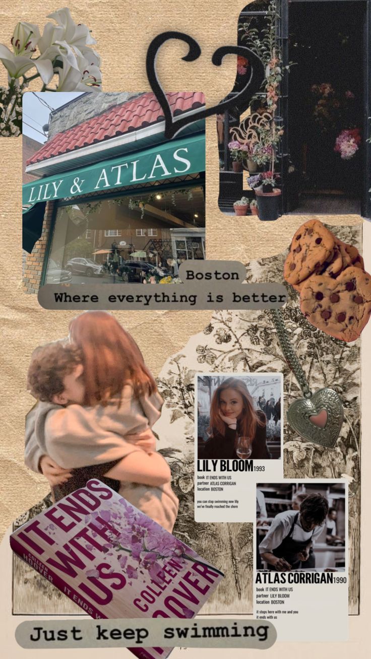 A collage of photos of Lily and Atlas store, cookies, books, necklaces, and a girl hugging her mom. - Atlas