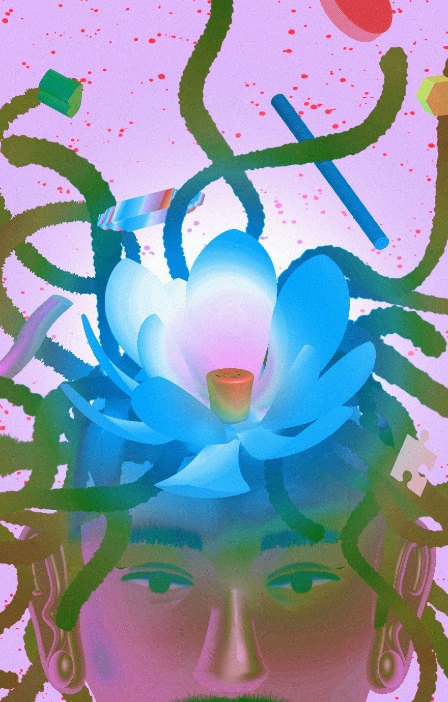 An illustration of a woman with a blue flower in her hair and a pink background. - Psychedelic
