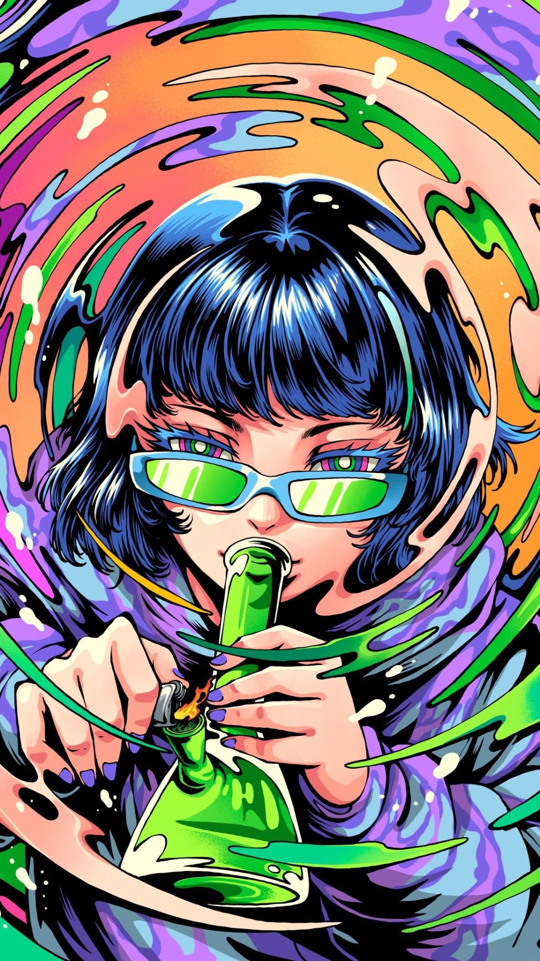 1080x1920 iPhone 8 wallpaper of a girl smoking a bong - Psychedelic