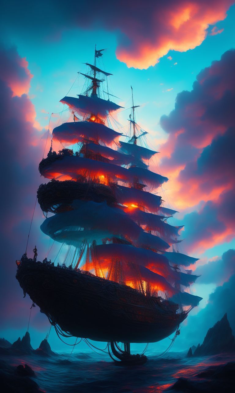 MANNA: wool grassive of pirate ship in a Magic blue glass bubble