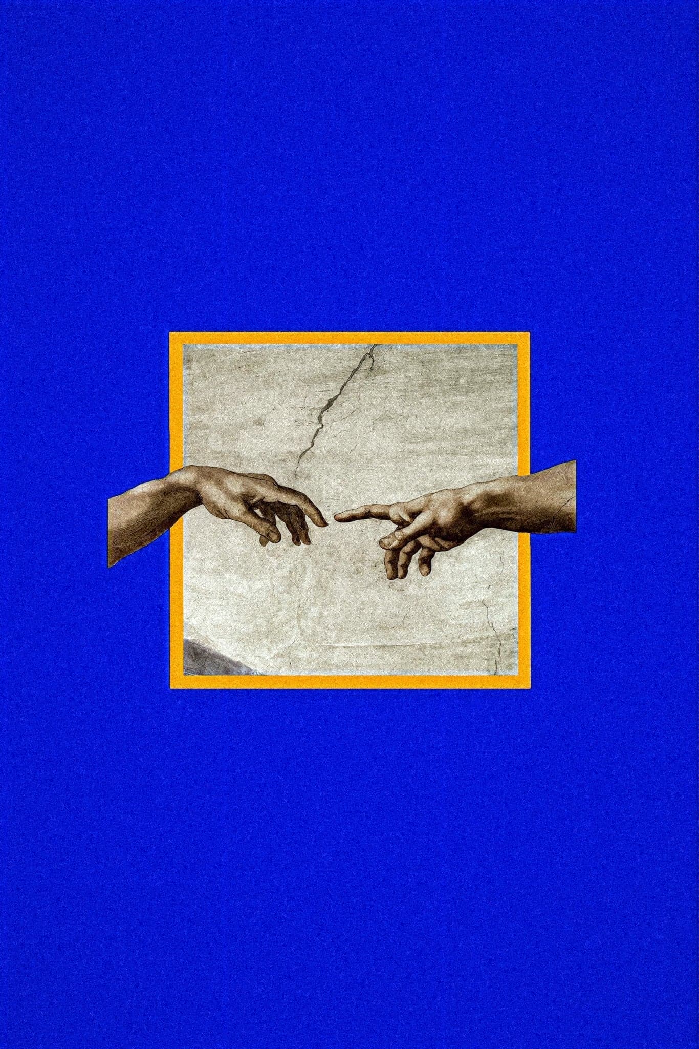 A blue background with a gold frame around two hands reaching for each other. - Kanye West