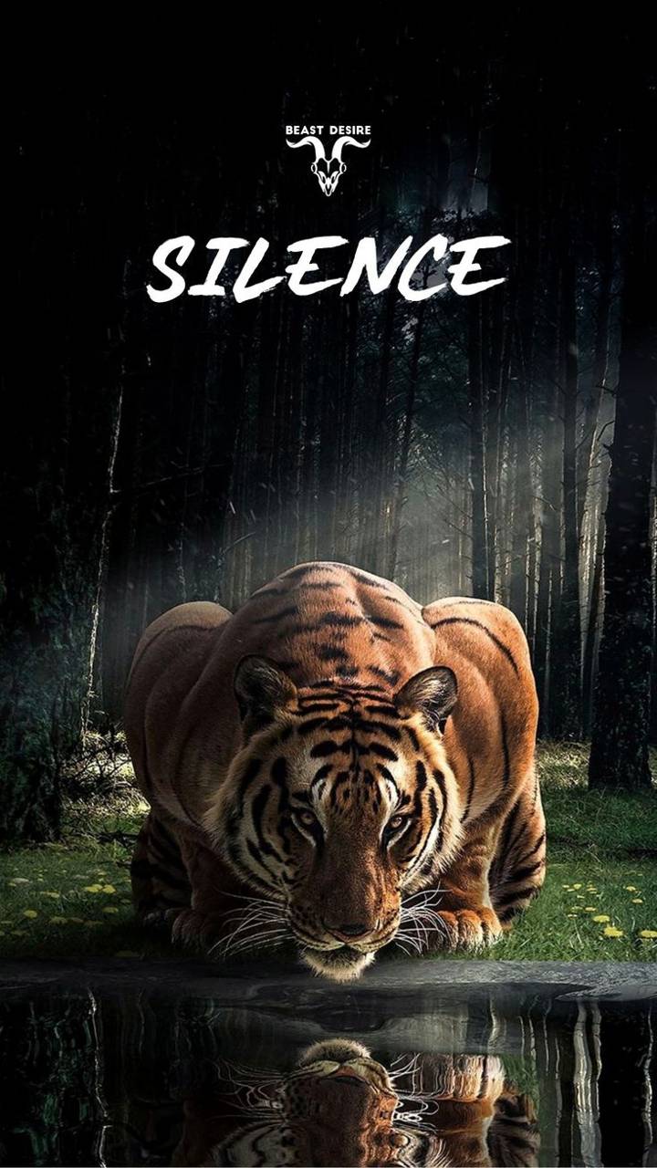 IPhone wallpaper of a tiger drinking water from a pond in the forest with the text 'Silence' - Tiger