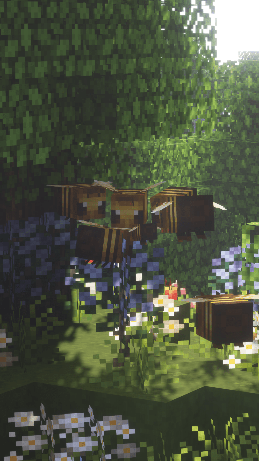 A Minecraft screenshot of a grassy area with a beehive hanging from a tree. - Minecraft