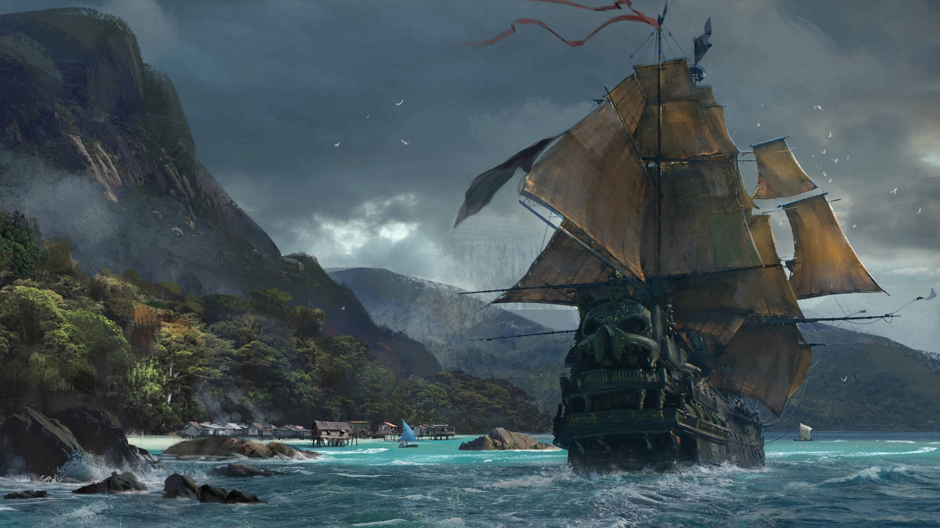A ship sails in a stormy sea, a small village sits on a rocky shore in the distance. - Pirate