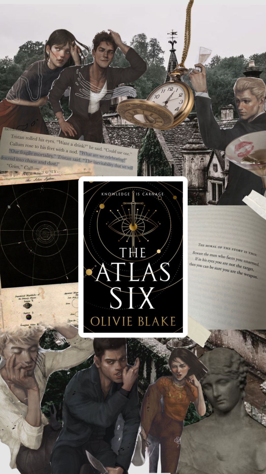 A collage of images from The Atlas Six, including the book cover, characters, and book pages. - Atlas