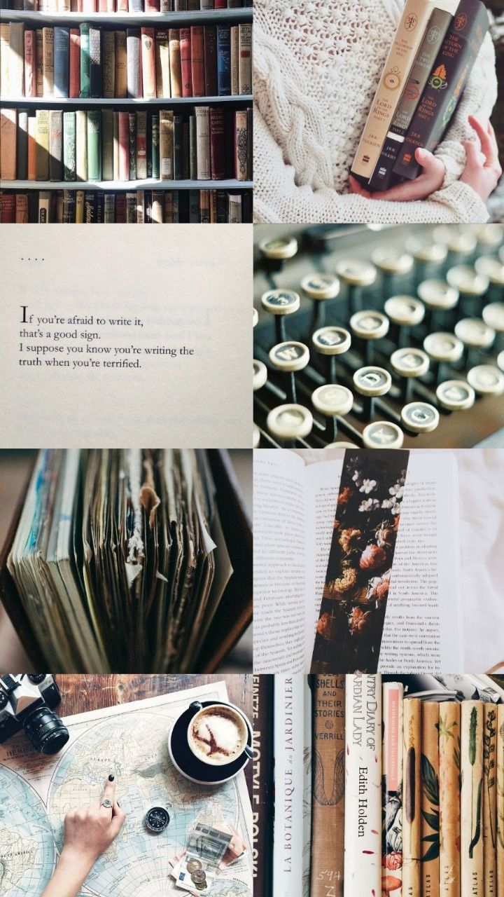 A collage of vintage book images including a bookshelf, typewriter, map, and coffee cup. - Atlas